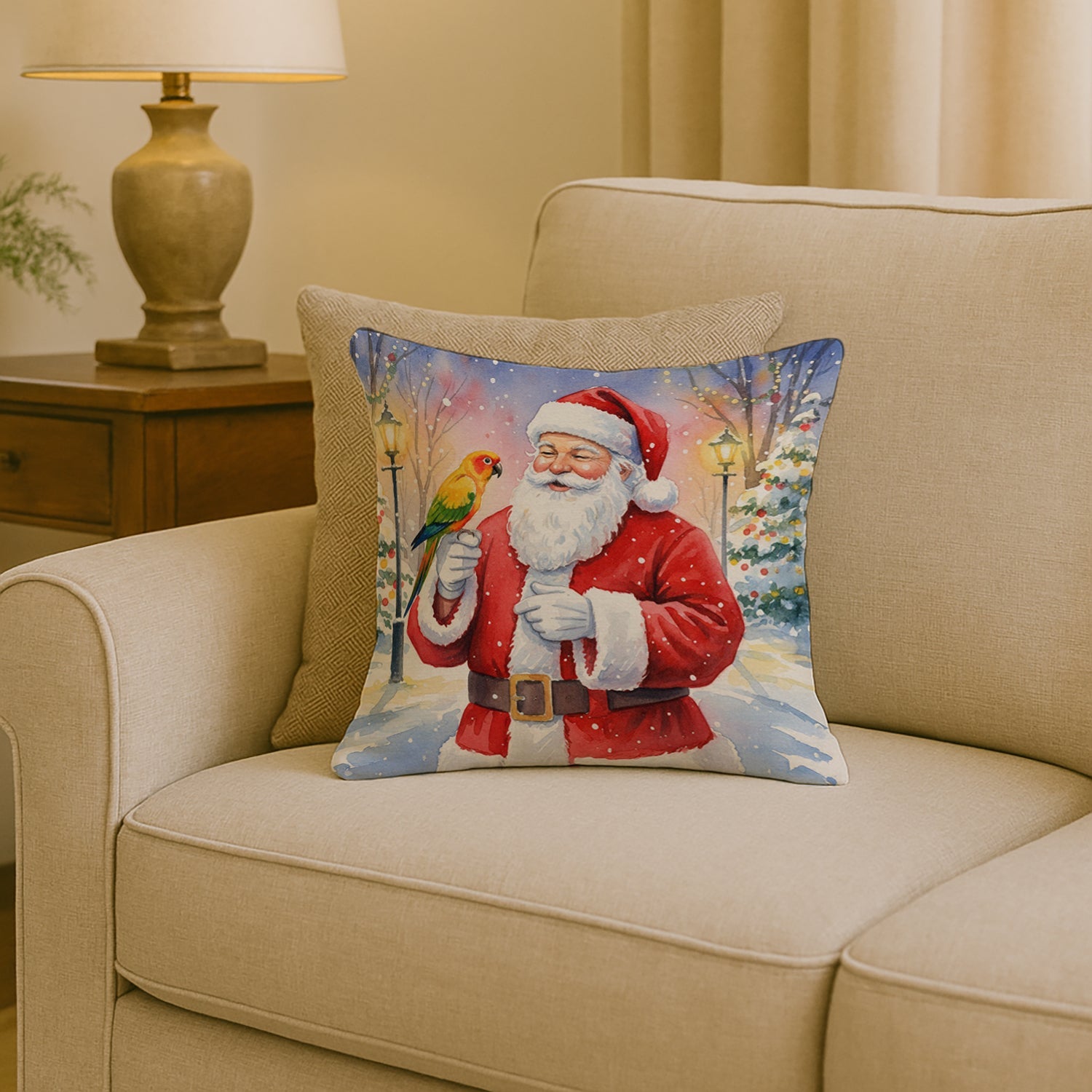 Jenday Conure with Santa Claus Decorative Throw Pillow 18x18 Indoor Outdoor Accent Cushion, Fabric Cover with Insert for Sofa, Bed, Porch & Living Room