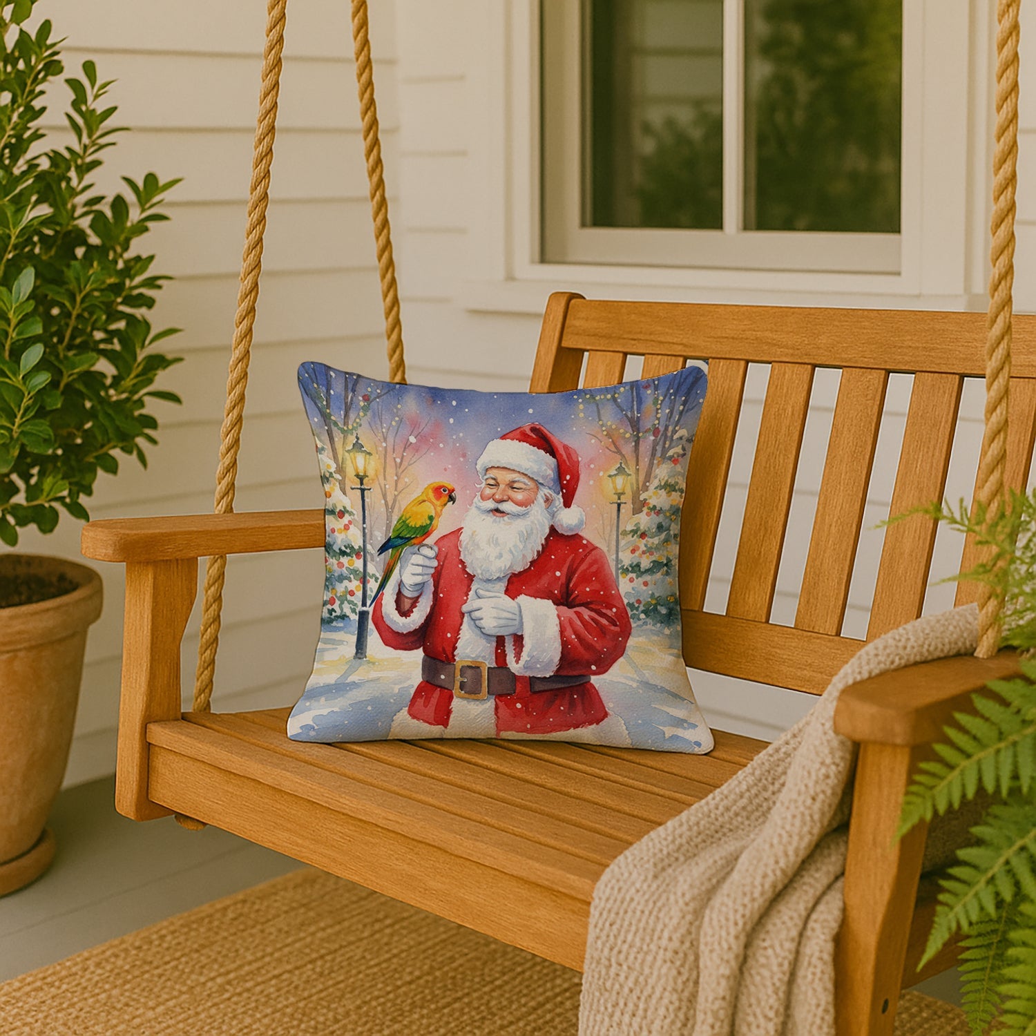 Jenday Conure with Santa Claus Decorative Throw Pillow 18x18 Indoor Outdoor Accent Cushion, Fabric Cover with Insert for Sofa, Bed, Porch & Living Room