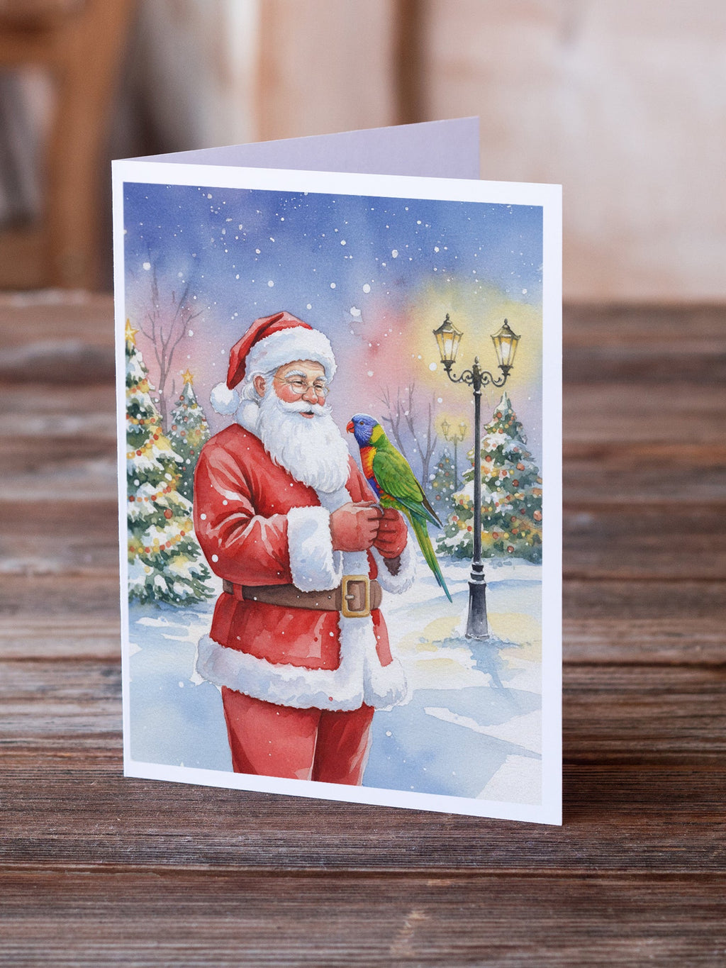 Lorikeet with Santa Claus Greeting Cards Pack of 8 Blank Cards with Envelopes Whimsical A7 Size 5x7