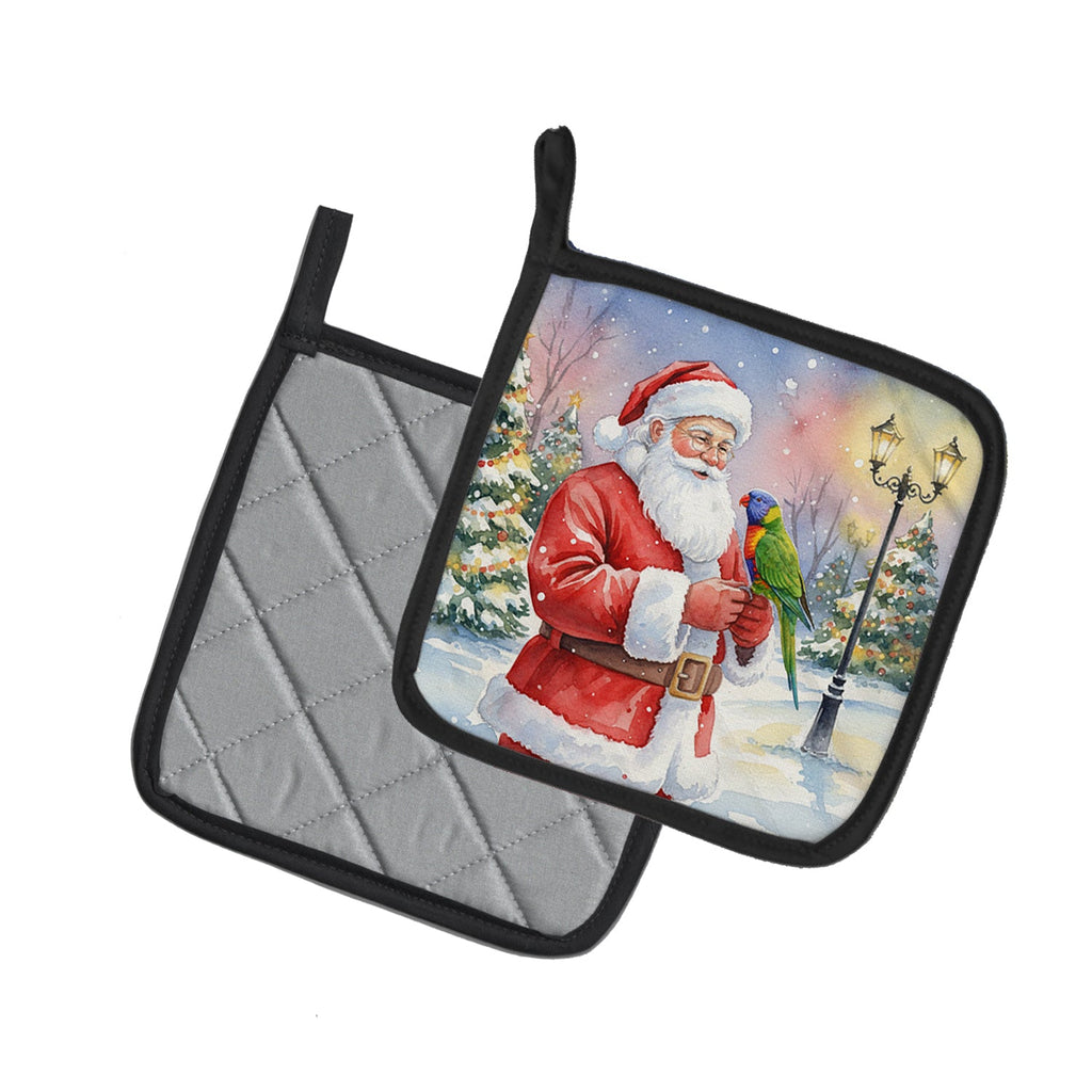 Lorikeet with Santa Claus Pot Holder Set of 2 Heat Resistant Quilted Hot Pads 7.5 x 7.5 Inch, Insulated Kitchen Trivets for Cooking & Baking