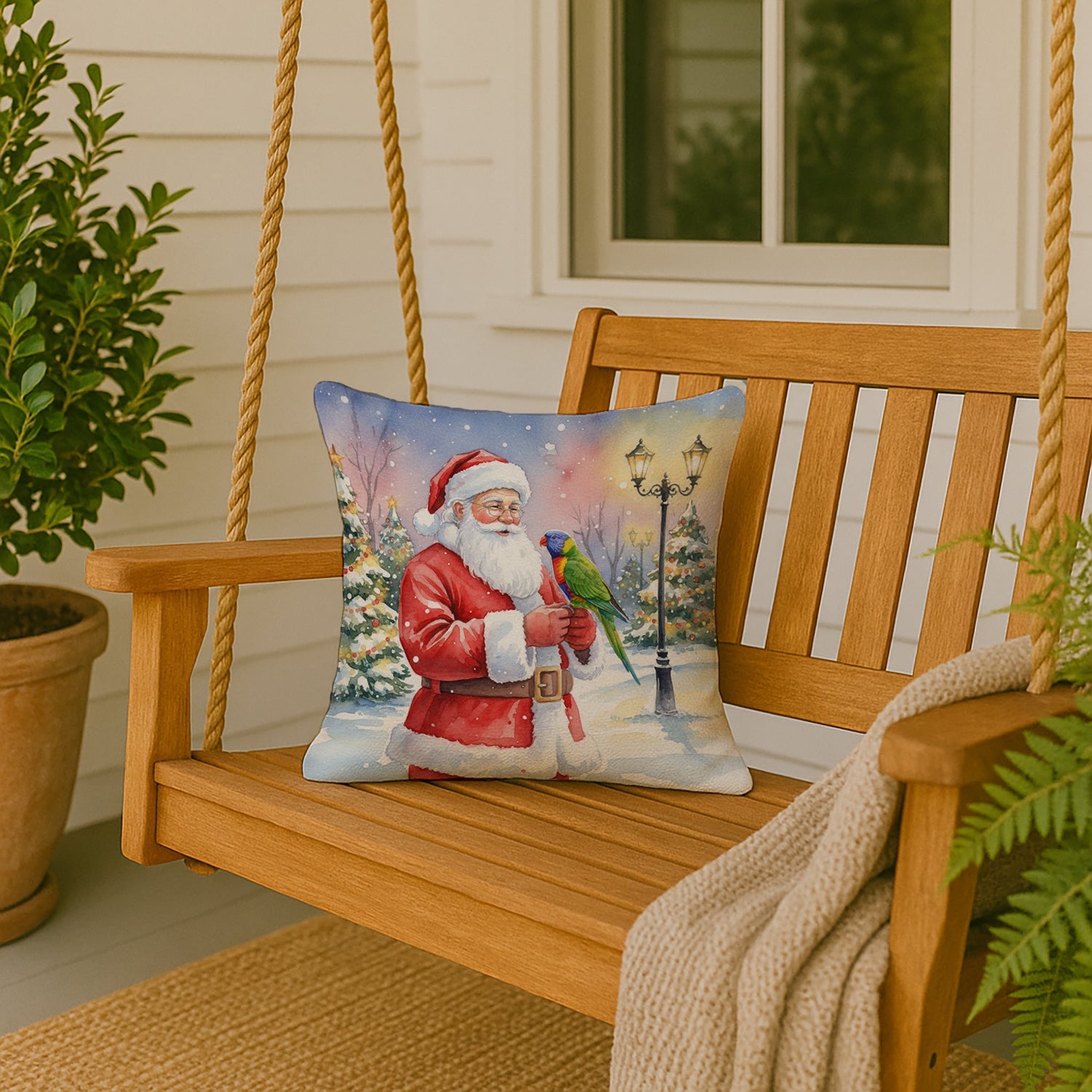 Lorikeet with Santa Claus Decorative Throw Pillow 18x18 Indoor Outdoor Accent Cushion, Fabric Cover with Insert for Sofa, Bed, Porch & Living Room