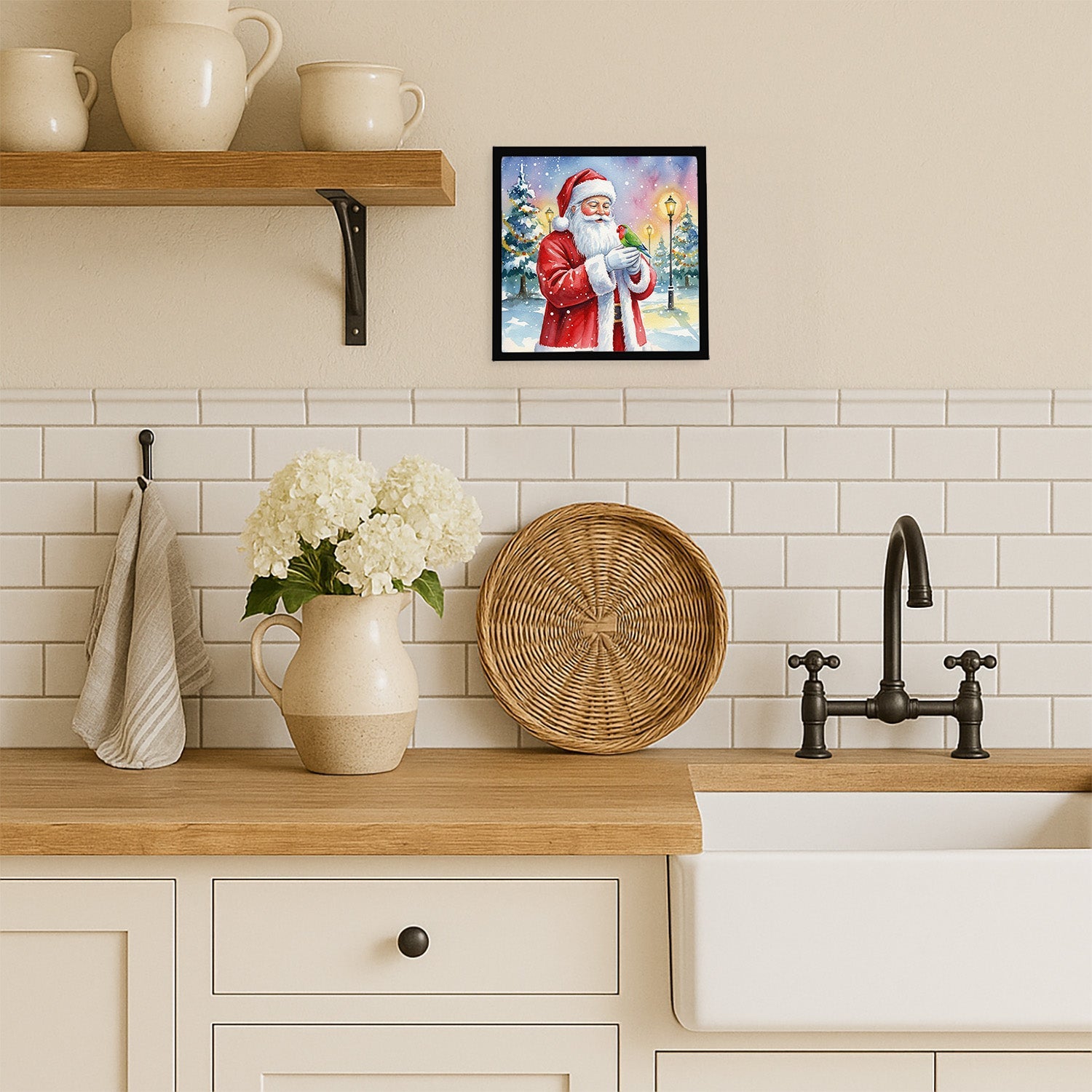 Lovebird with Santa Claus Framed Metal Print Bathroom, Kitchen, Office, Home Decor Wall Art Ready to Hang, Square, 8X8