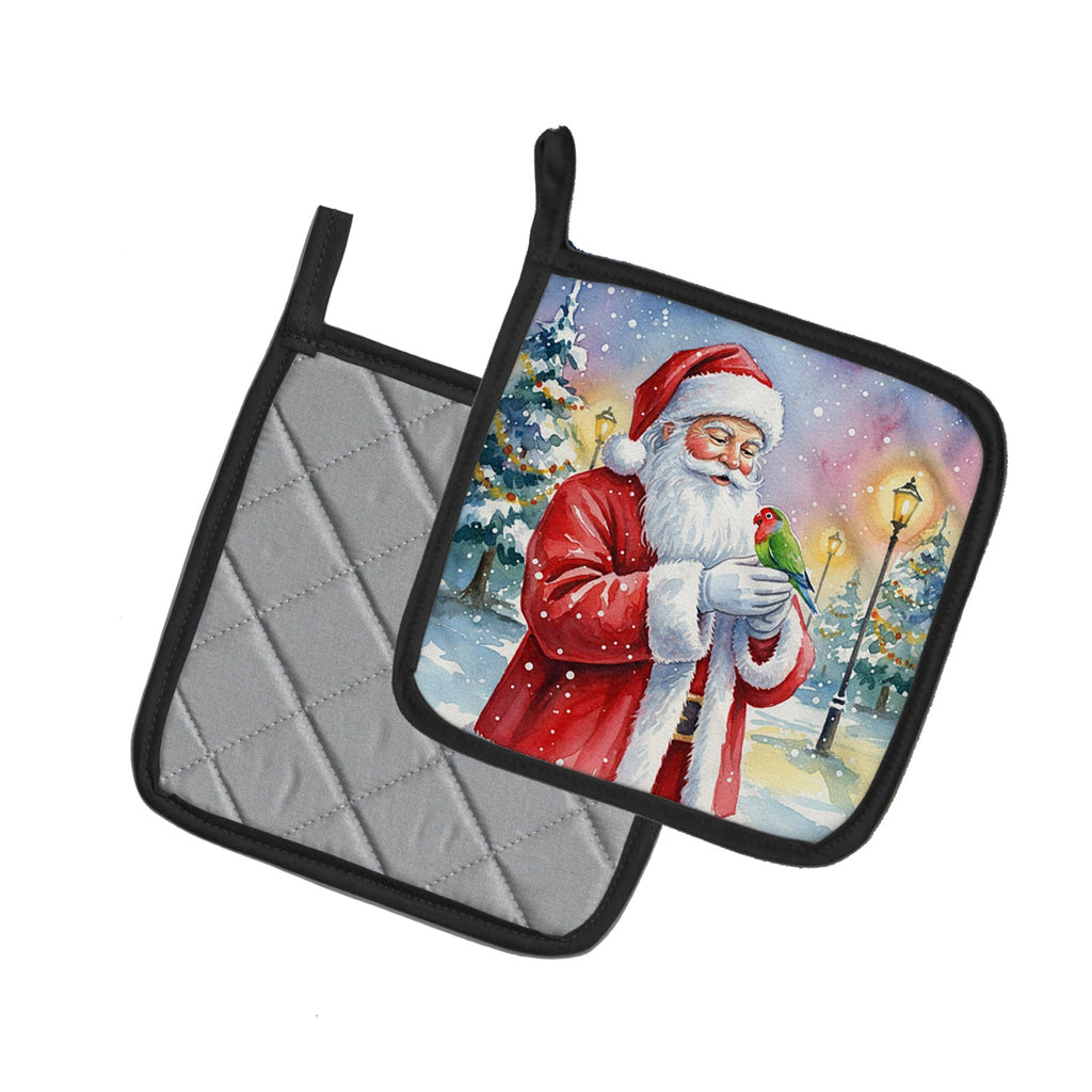 Lovebird with Santa Claus Pot Holder Set of 2 Heat Resistant Quilted Hot Pads 7.5 x 7.5 Inch, Insulated Kitchen Trivets for Cooking & Baking