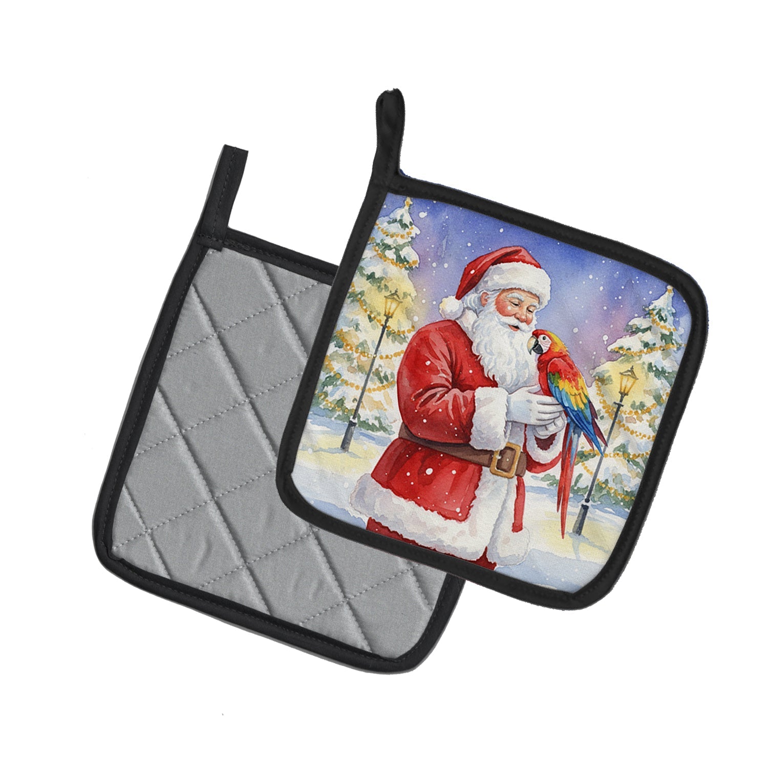 Macaw with Santa Claus Pot Holder Set of 2 Heat Resistant Quilted Hot Pads 7.5 x 7.5 Inch, Insulated Kitchen Trivets for Cooking & Baking