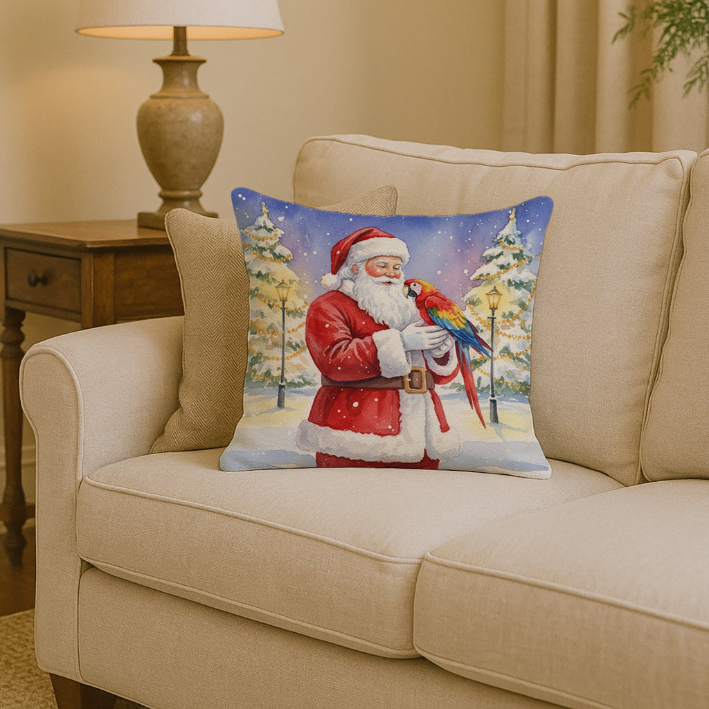 Macaw with Santa Claus Decorative Throw Pillow 14x14 Indoor Outdoor Accent Cushion, Fabric Cover with Insert for Sofa, Bed, Porch & Living Room