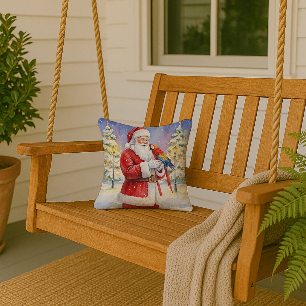 Macaw with Santa Claus Decorative Throw Pillow 14x14 Indoor Outdoor Accent Cushion, Fabric Cover with Insert for Sofa, Bed, Porch & Living Room