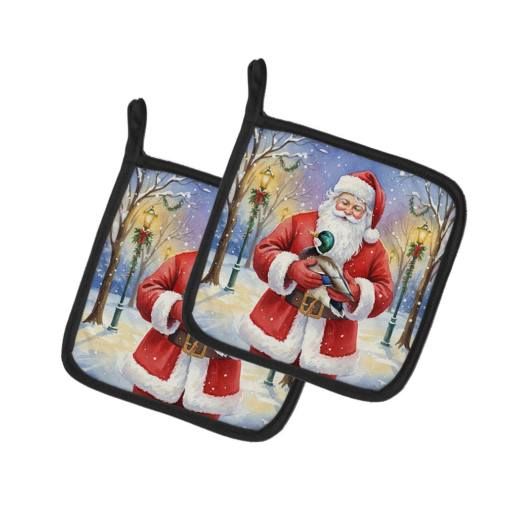 Mallard with Santa Claus Pot Holder Set of 2 Heat Resistant Quilted Hot Pads 7.5 x 7.5 Inch, Insulated Kitchen Trivets for Cooking & Baking