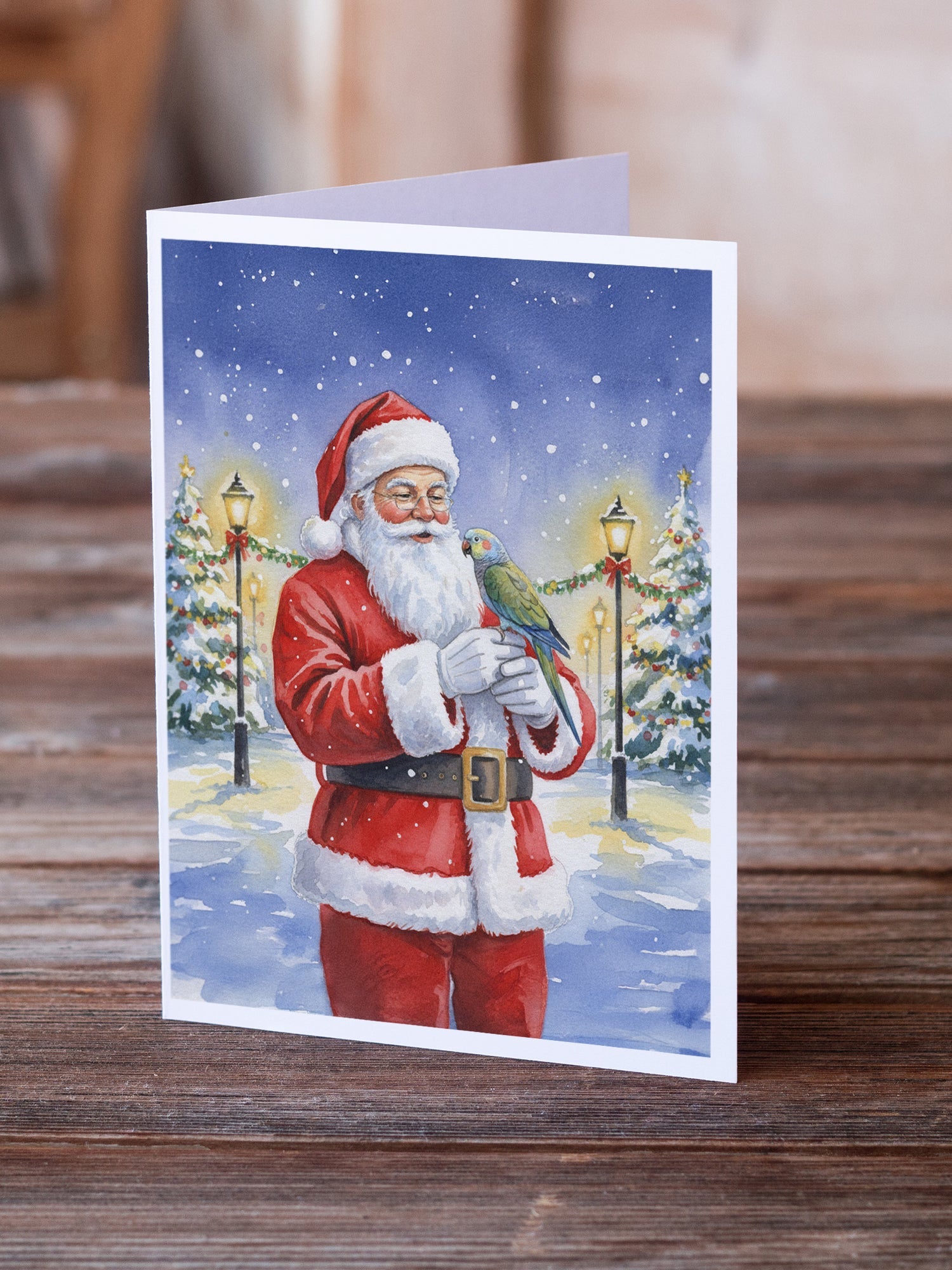 Meyer’s Parrot with Santa Claus Greeting Cards Pack of 8 Blank Cards with Envelopes Whimsical A7 Size 5x7