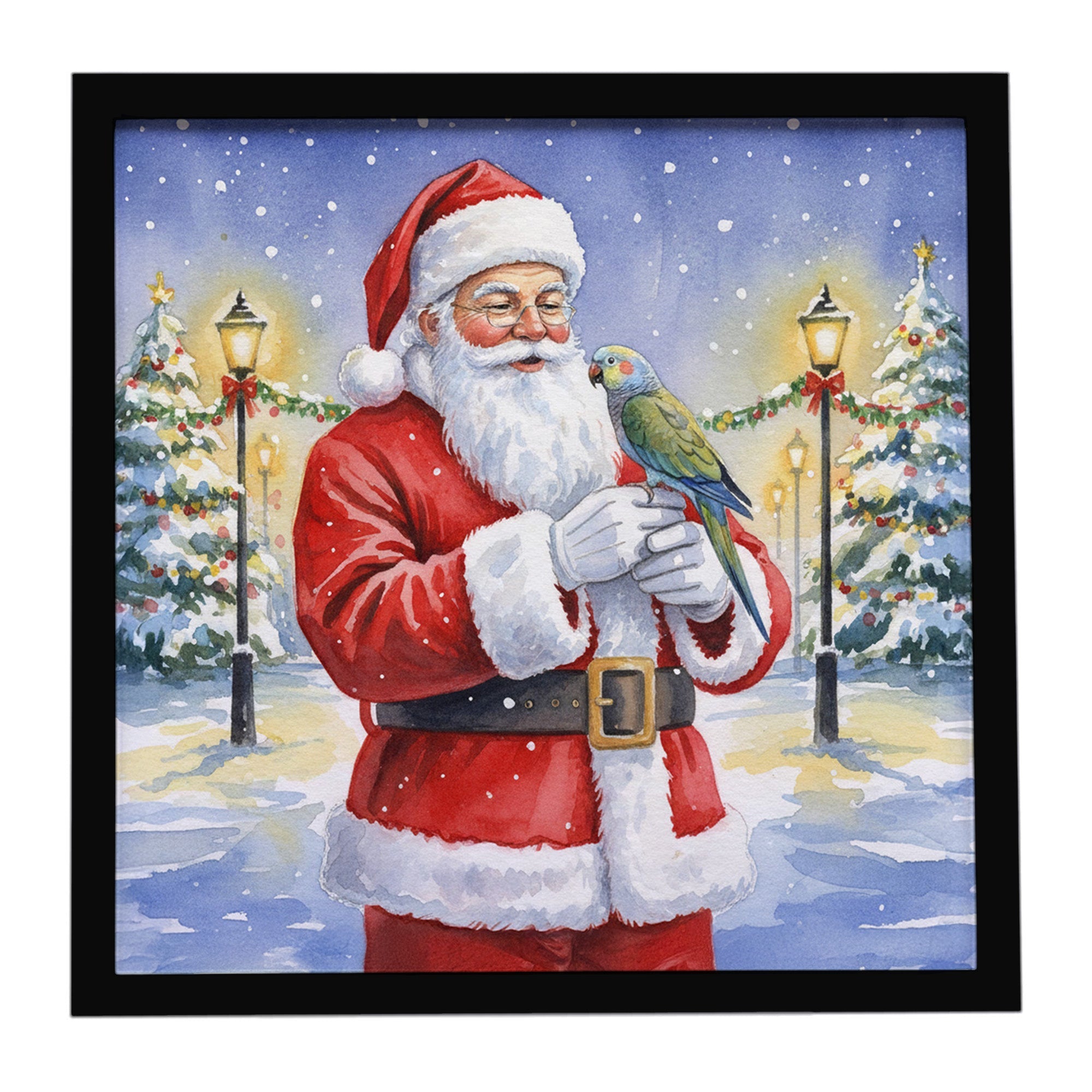 Meyer’s Parrot with Santa Claus Framed Metal Print Bathroom, Kitchen, Office, Home Decor Wall Art Ready to Hang, Square, 8X8