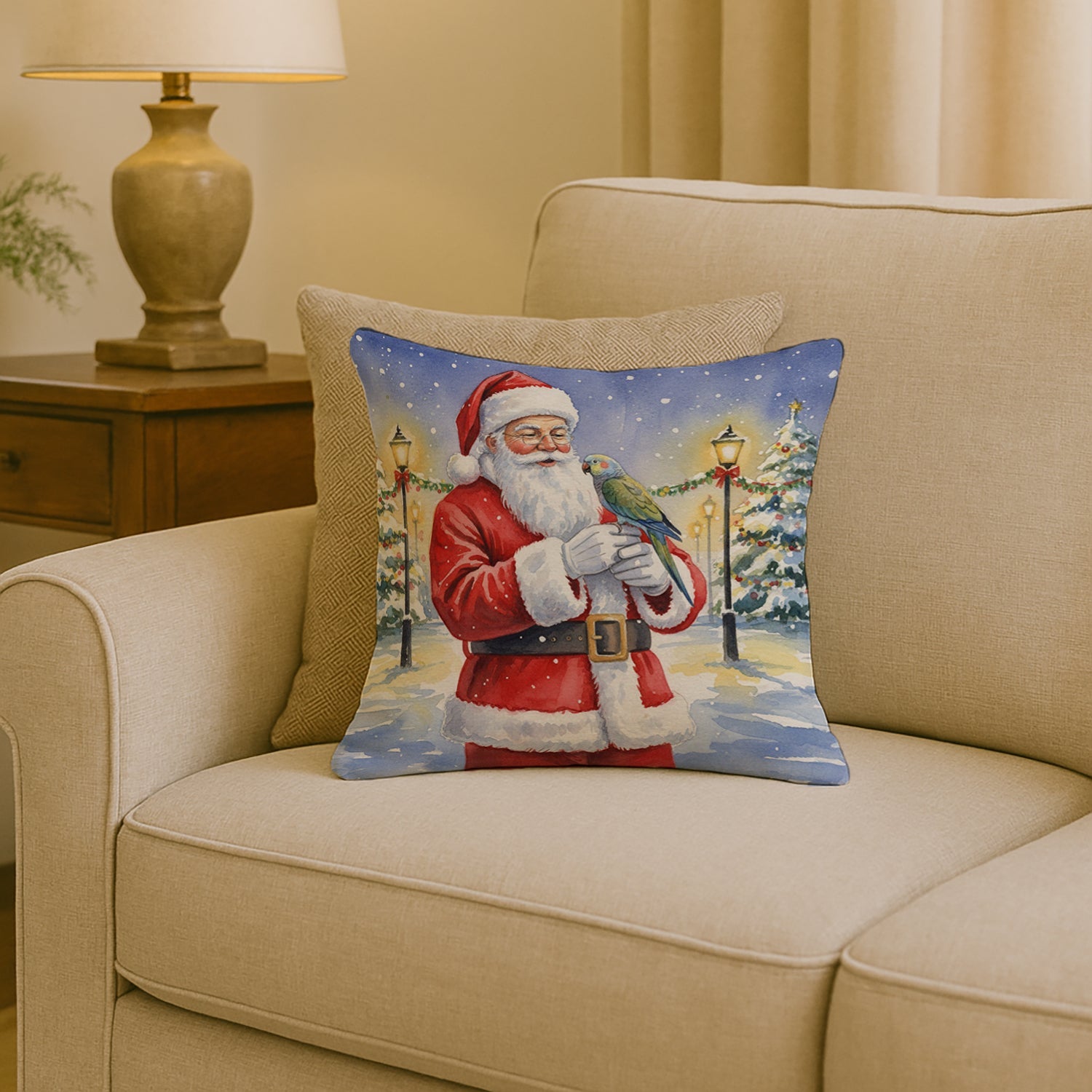 Meyer’s Parrot with Santa Claus Decorative Throw Pillow 18x18 Indoor Outdoor Accent Cushion, Fabric Cover with Insert for Sofa, Bed, Porch & Living Room