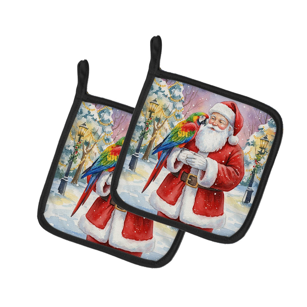 Parrot with Santa Claus Pot Holder Set of 2 Heat Resistant Quilted Hot Pads 7.5 x 7.5 Inch, Insulated Kitchen Trivets for Cooking & Baking