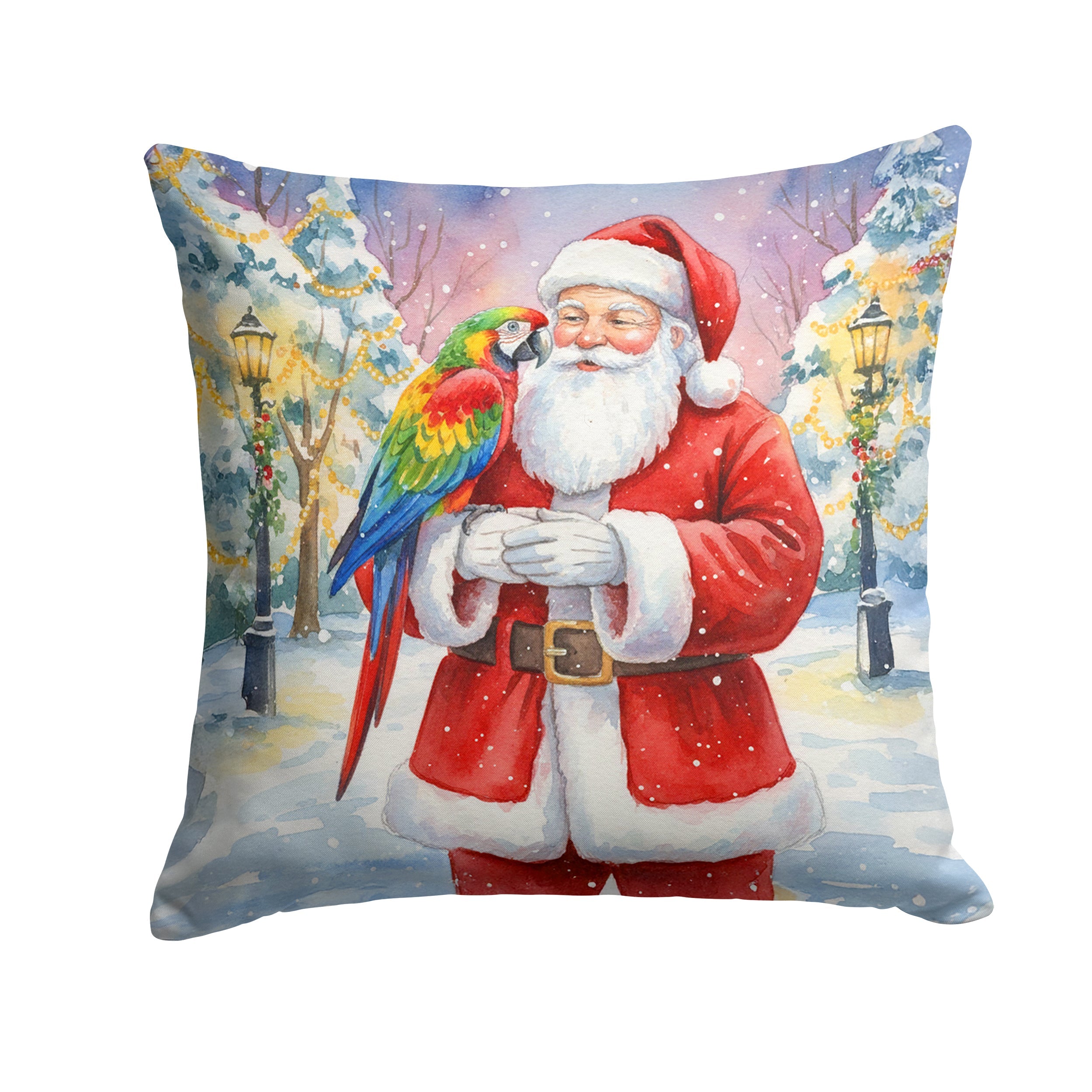 Parrot with Santa Claus Decorative Throw Pillow 14x14 Indoor Outdoor Accent Cushion, Fabric Cover with Insert for Sofa, Bed, Porch & Living Room
