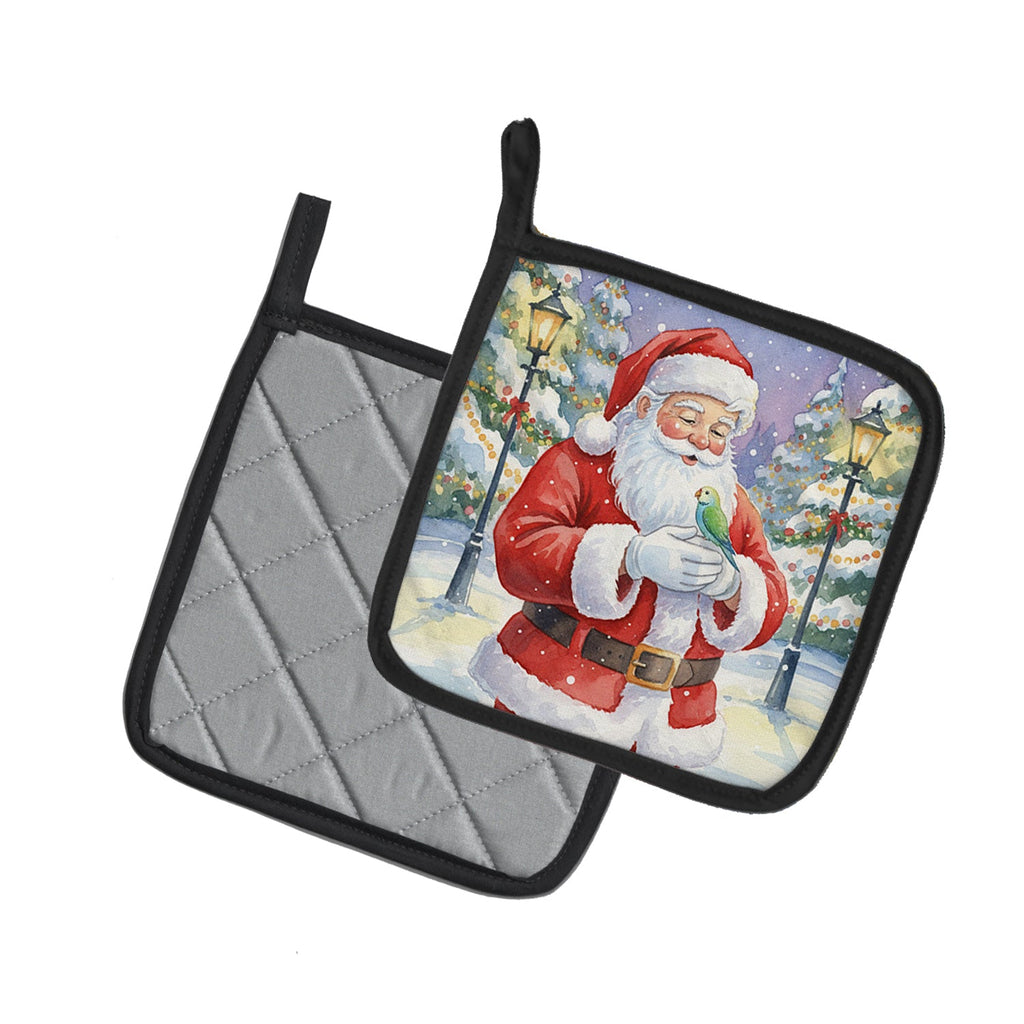 Parrotlet with Santa Claus Pot Holder Set of 2 Heat Resistant Quilted Hot Pads 7.5 x 7.5 Inch, Insulated Kitchen Trivets for Cooking & Baking