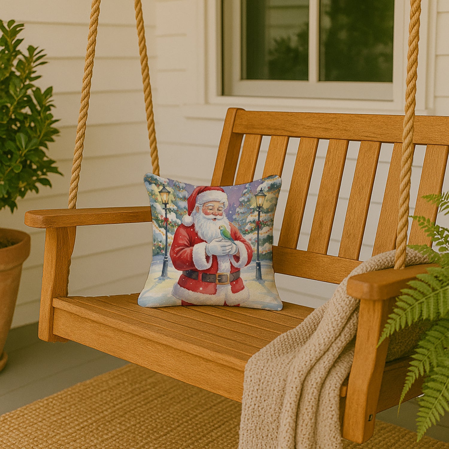 Parrotlet with Santa Claus Decorative Throw Pillow 14x14 Indoor Outdoor Accent Cushion, Fabric Cover with Insert for Sofa, Bed, Porch & Living Room