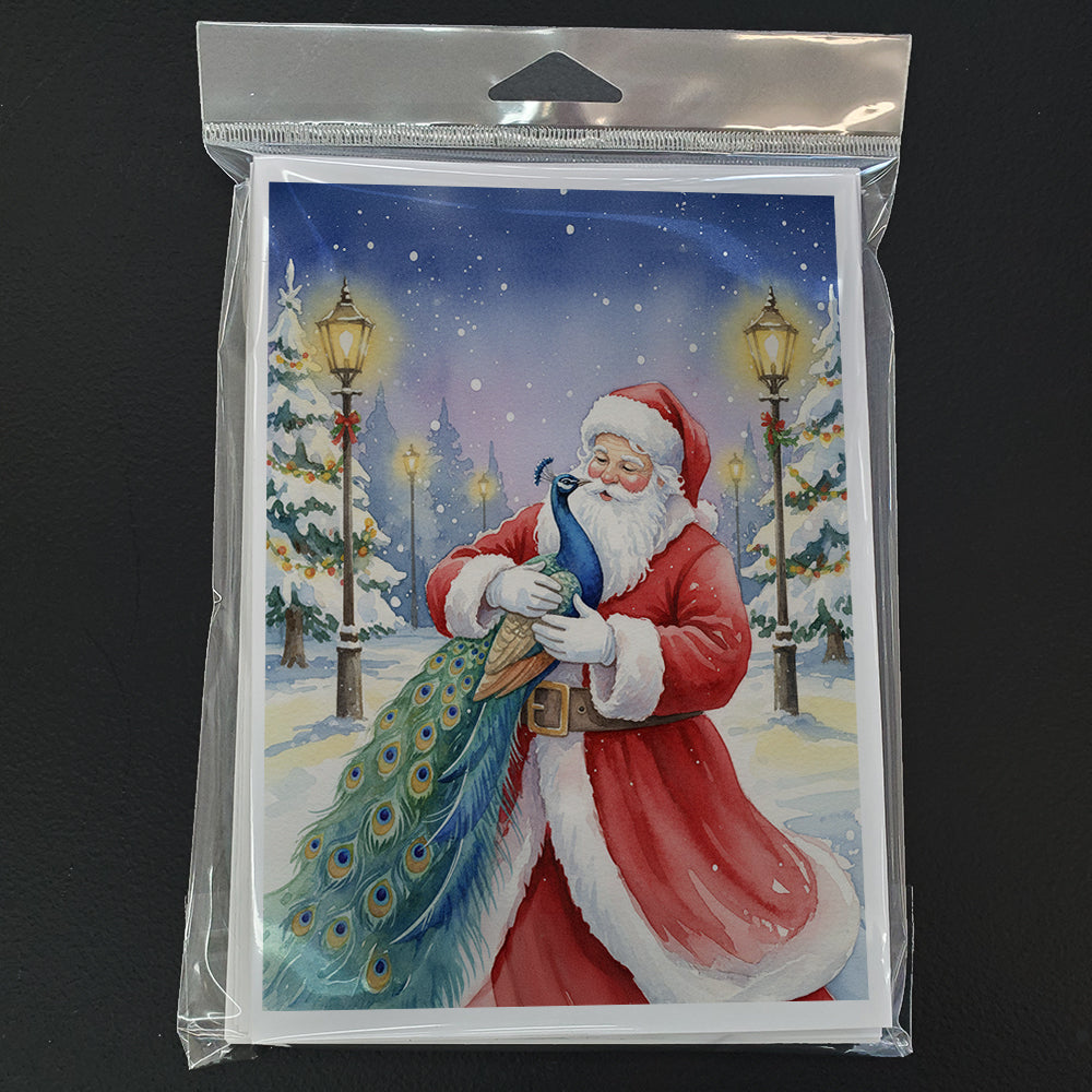 Peacock with Santa Claus Greeting Cards Pack of 8 Blank Cards with Envelopes Whimsical A7 Size 5x7