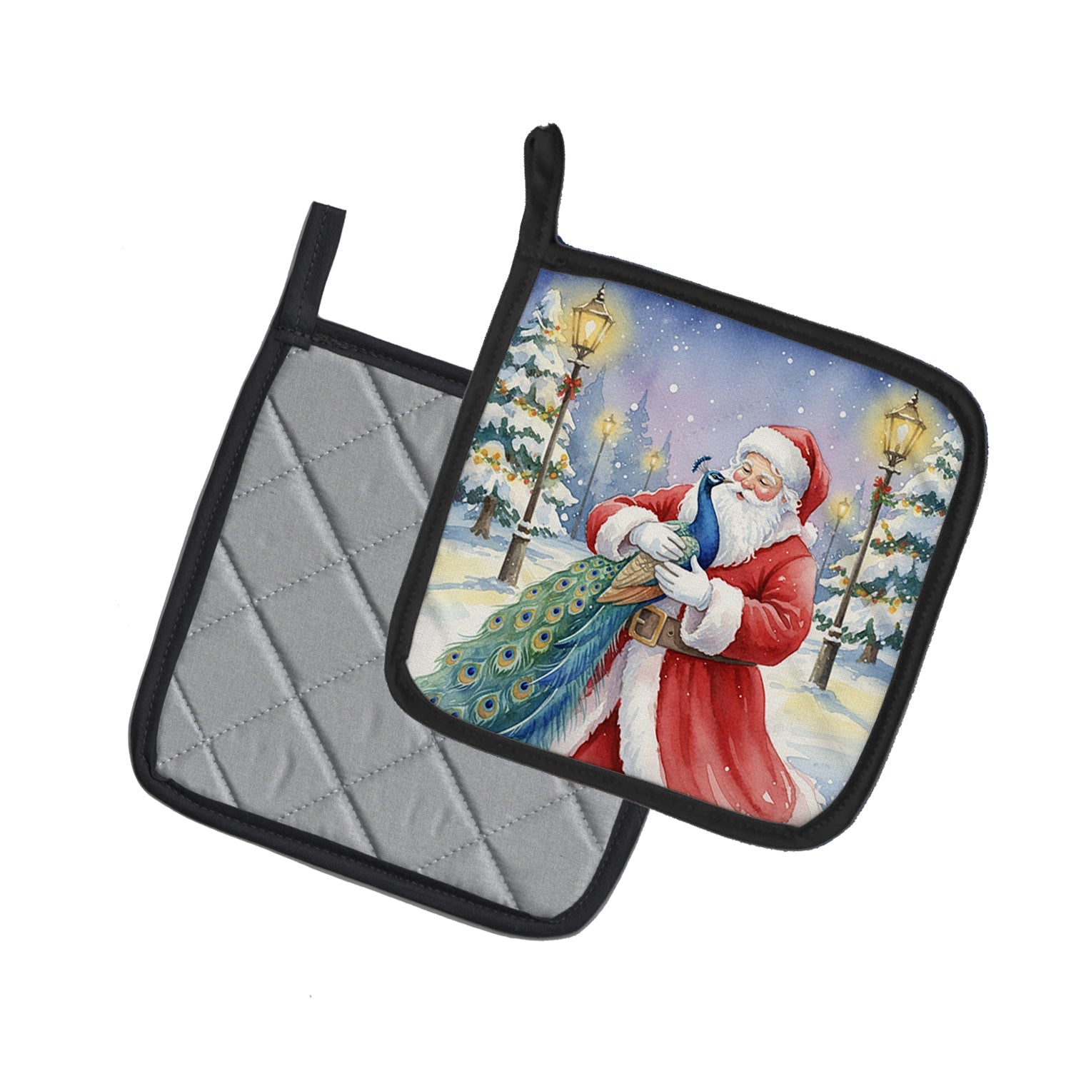 Peacock with Santa Claus Pot Holder Set of 2 Heat Resistant Quilted Hot Pads 7.5 x 7.5 Inch, Insulated Kitchen Trivets for Cooking & Baking