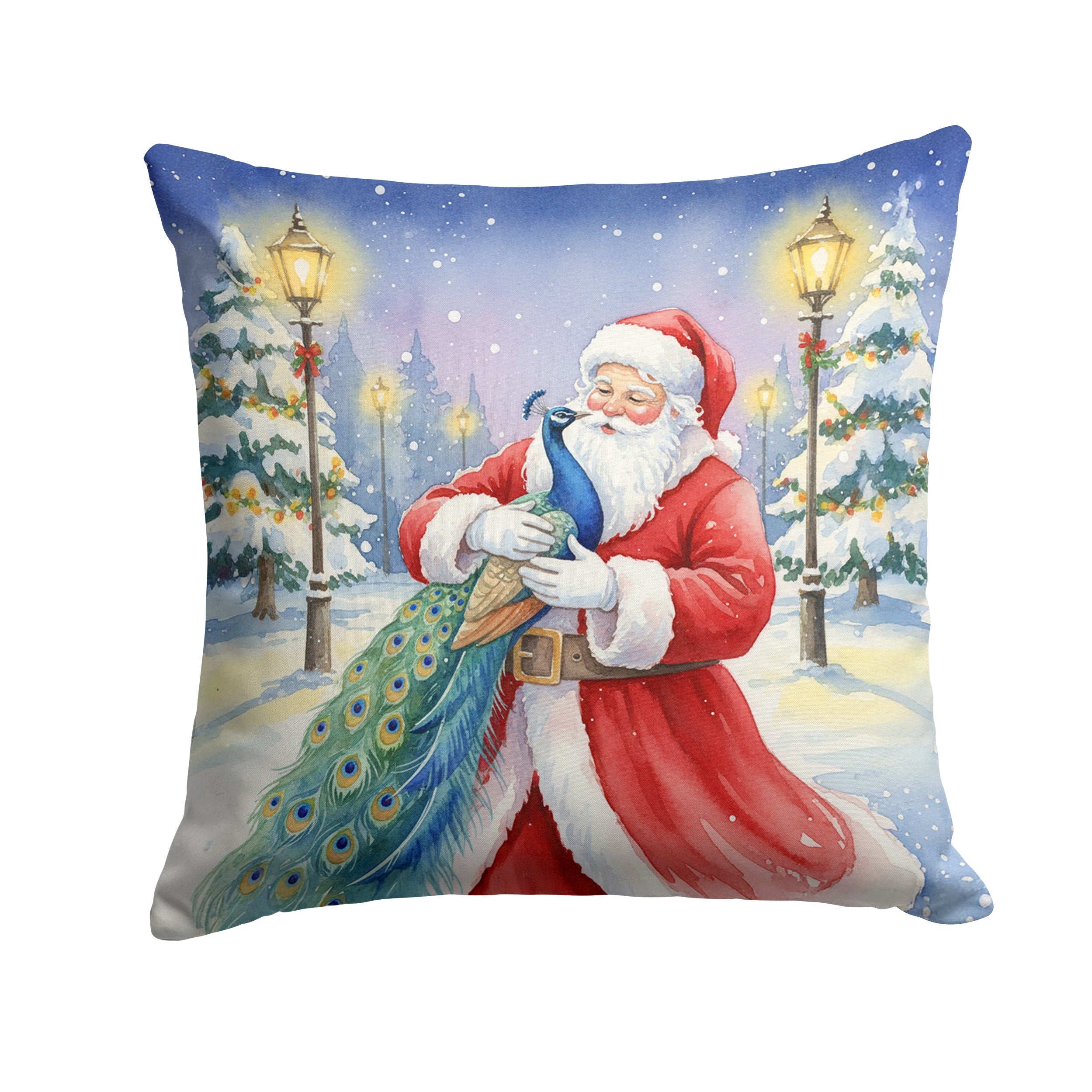 Peacock with Santa Claus Decorative Throw Pillow 18x18 Indoor Outdoor Accent Cushion, Fabric Cover with Insert for Sofa, Bed, Porch & Living Room