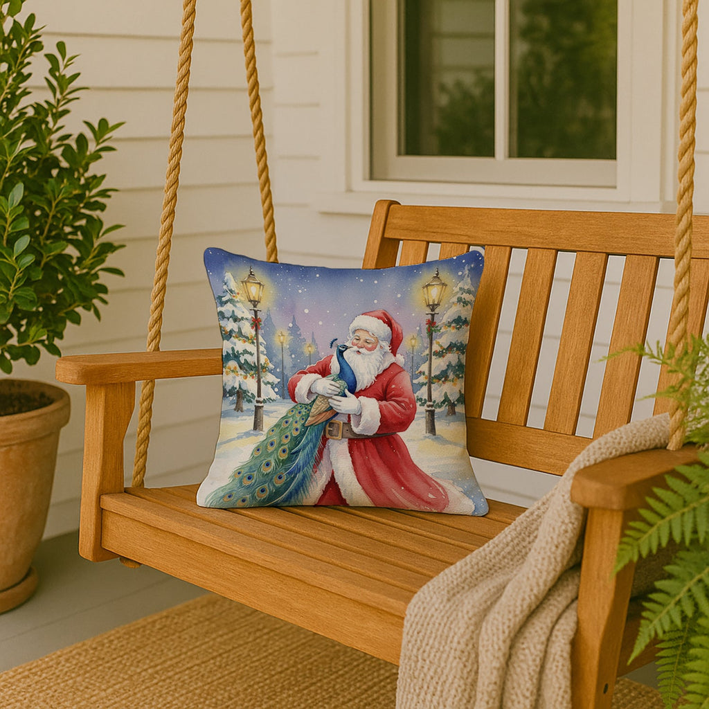 Peacock with Santa Claus Decorative Throw Pillow 18x18 Indoor Outdoor Accent Cushion, Fabric Cover with Insert for Sofa, Bed, Porch & Living Room