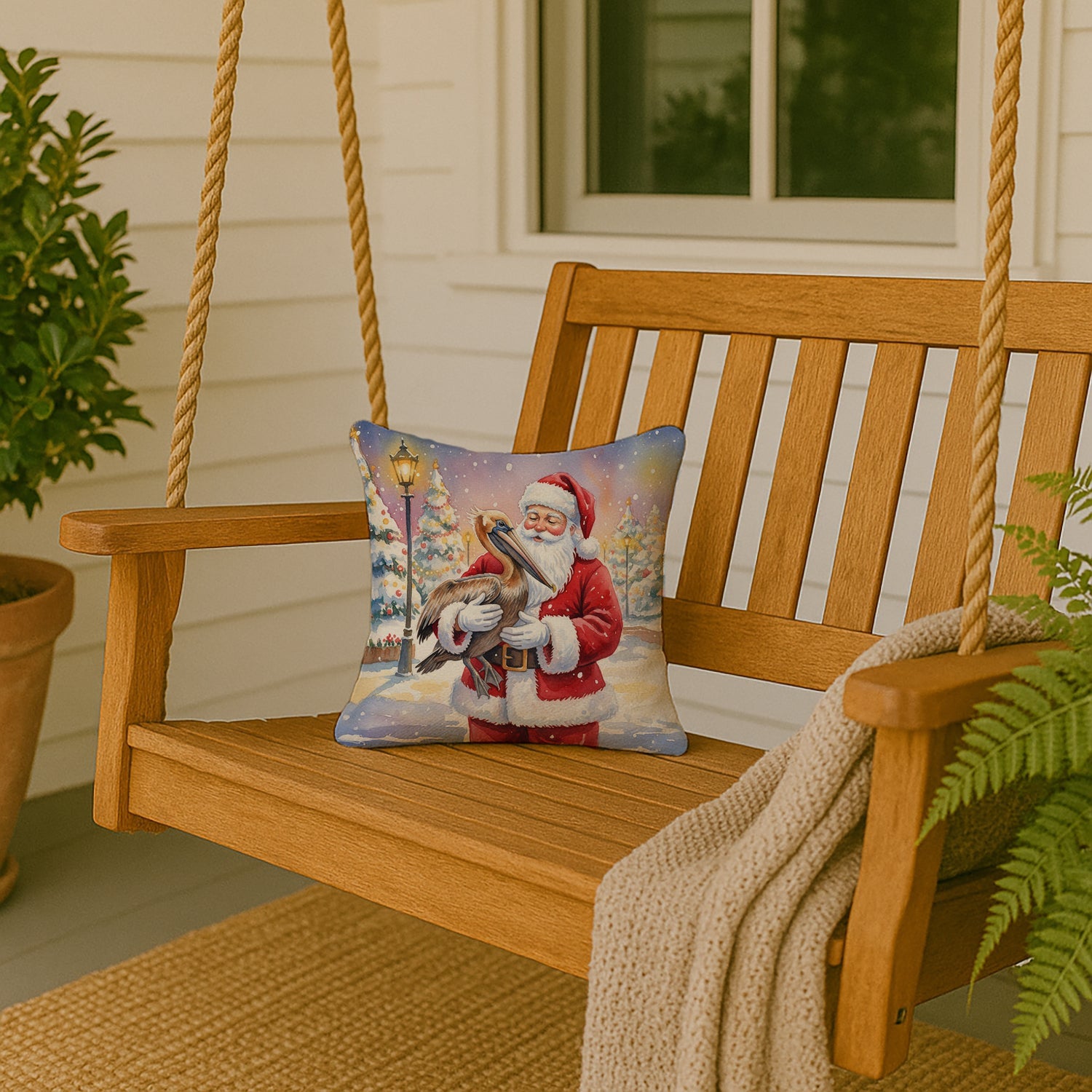 Pelican with Santa Claus Decorative Throw Pillow 14x14 Indoor Outdoor Accent Cushion, Fabric Cover with Insert for Sofa, Bed, Porch & Living Room