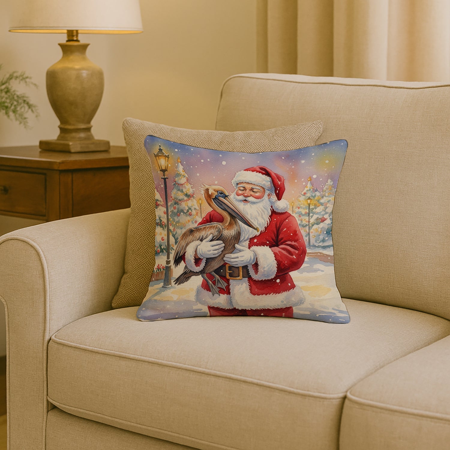 Pelican with Santa Claus Decorative Throw Pillow 18x18 Indoor Outdoor Accent Cushion, Fabric Cover with Insert for Sofa, Bed, Porch & Living Room