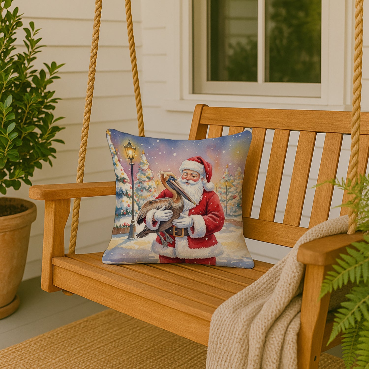Pelican with Santa Claus Decorative Throw Pillow 18x18 Indoor Outdoor Accent Cushion, Fabric Cover with Insert for Sofa, Bed, Porch & Living Room