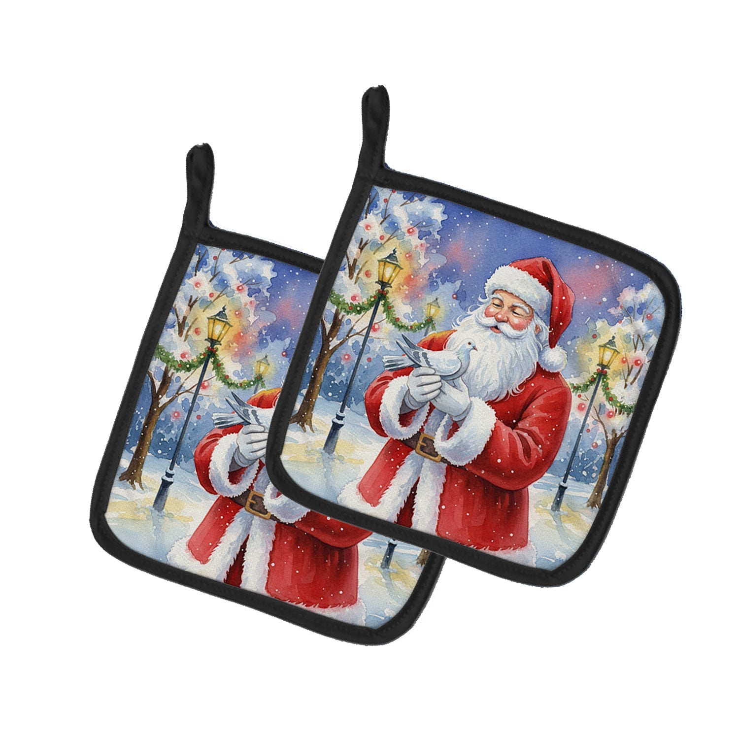 Pigeon with Santa Claus Pot Holder Set of 2 Heat Resistant Quilted Hot Pads 7.5 x 7.5 Inch, Insulated Kitchen Trivets for Cooking & Baking