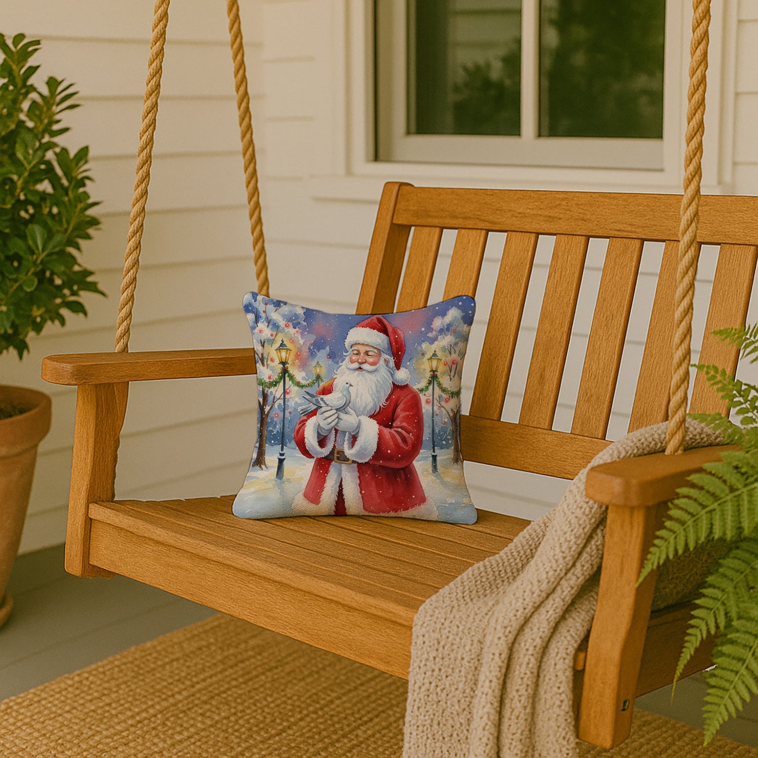 Pigeon with Santa Claus Decorative Throw Pillow 14x14 Indoor Outdoor Accent Cushion, Fabric Cover with Insert for Sofa, Bed, Porch & Living Room