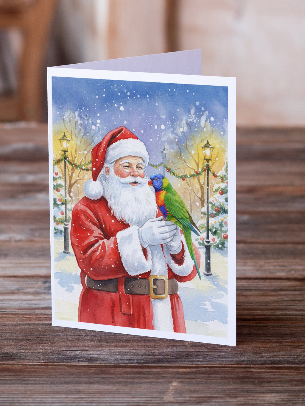 Rainbow Lorikeet with Santa Claus Greeting Cards Pack of 8 Blank Cards with Envelopes Whimsical A7 Size 5x7