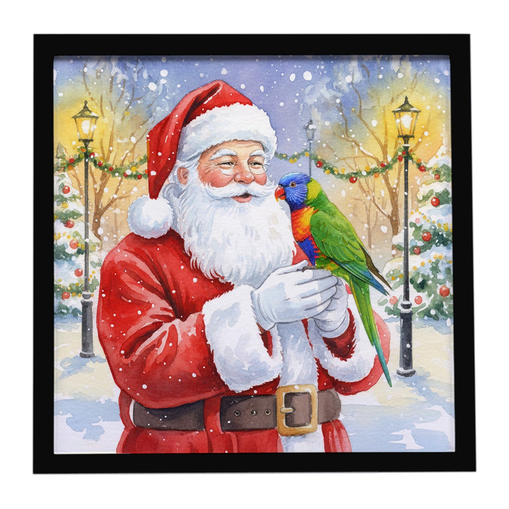 Rainbow Lorikeet with Santa Claus Framed Metal Print Bathroom, Kitchen, Office, Home Decor Wall Art Ready to Hang, Square, 8X8