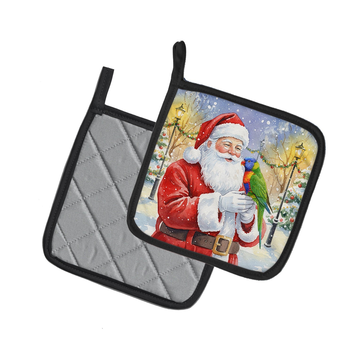 Rainbow Lorikeet with Santa Claus Pot Holder Set of 2 Heat Resistant Quilted Hot Pads 7.5 x 7.5 Inch, Insulated Kitchen Trivets for Cooking & Baking