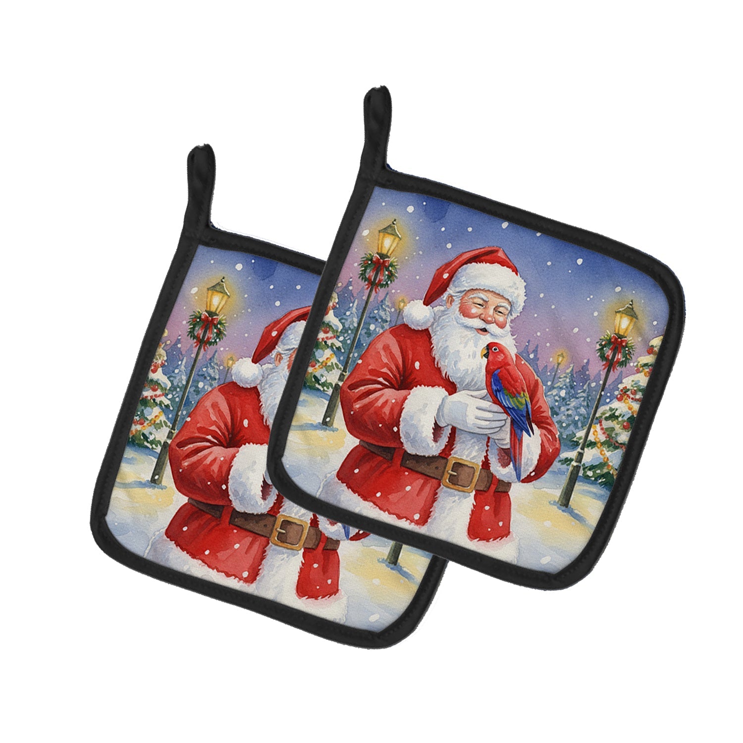 Red Lory with Santa Claus Pot Holder Set of 2 Heat Resistant Quilted Hot Pads 7.5 x 7.5 Inch, Insulated Kitchen Trivets for Cooking & Baking