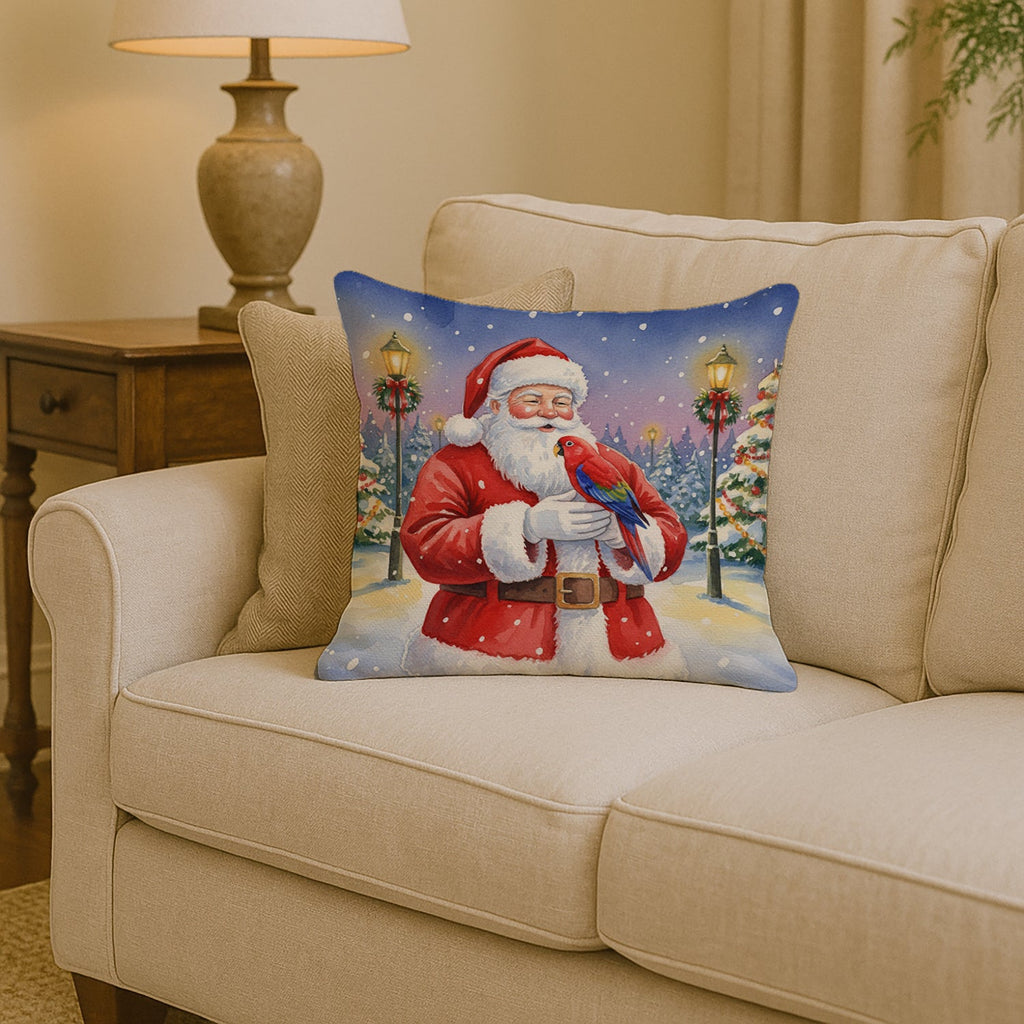 Red Lory with Santa Claus Decorative Throw Pillow 14x14 Indoor Outdoor Accent Cushion, Fabric Cover with Insert for Sofa, Bed, Porch & Living Room
