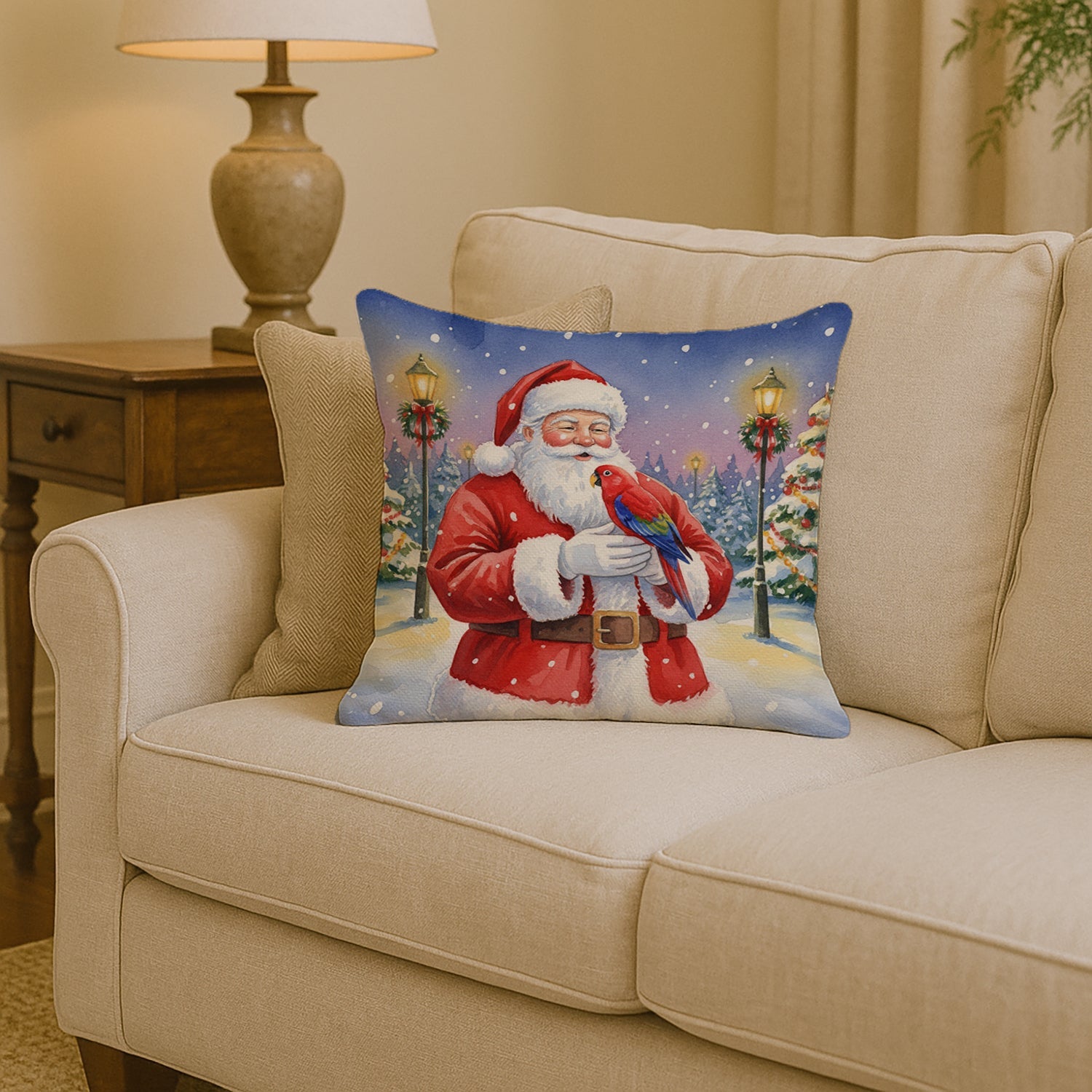 Red Lory with Santa Claus Decorative Throw Pillow 14x14 Indoor Outdoor Accent Cushion, Fabric Cover with Insert for Sofa, Bed, Porch & Living Room