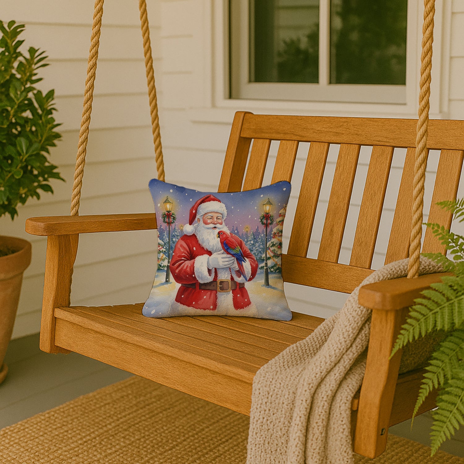 Red Lory with Santa Claus Decorative Throw Pillow 14x14 Indoor Outdoor Accent Cushion, Fabric Cover with Insert for Sofa, Bed, Porch & Living Room