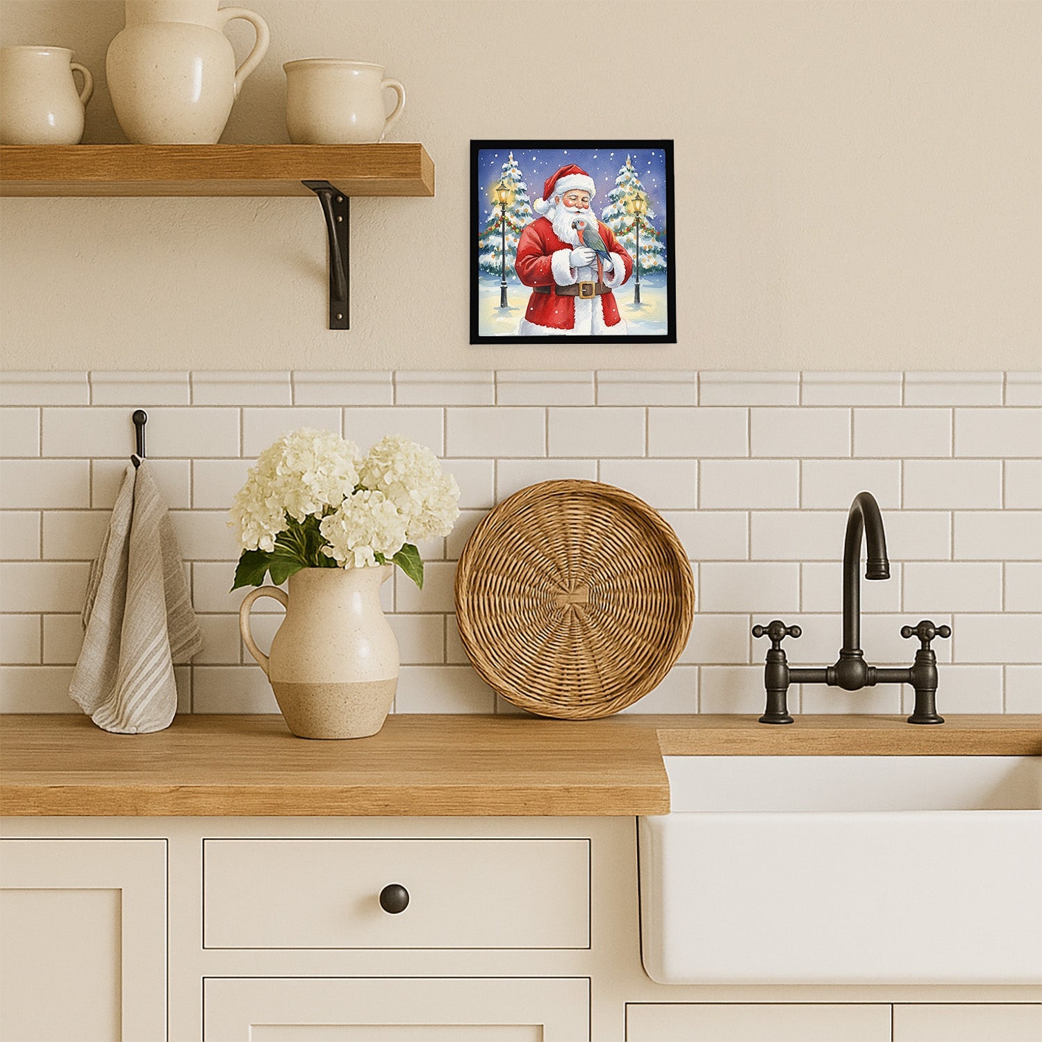 Red Bellied Parrot with Santa Claus Framed Metal Print Bathroom, Kitchen, Office, Home Decor Wall Art Ready to Hang, Square, 8X8