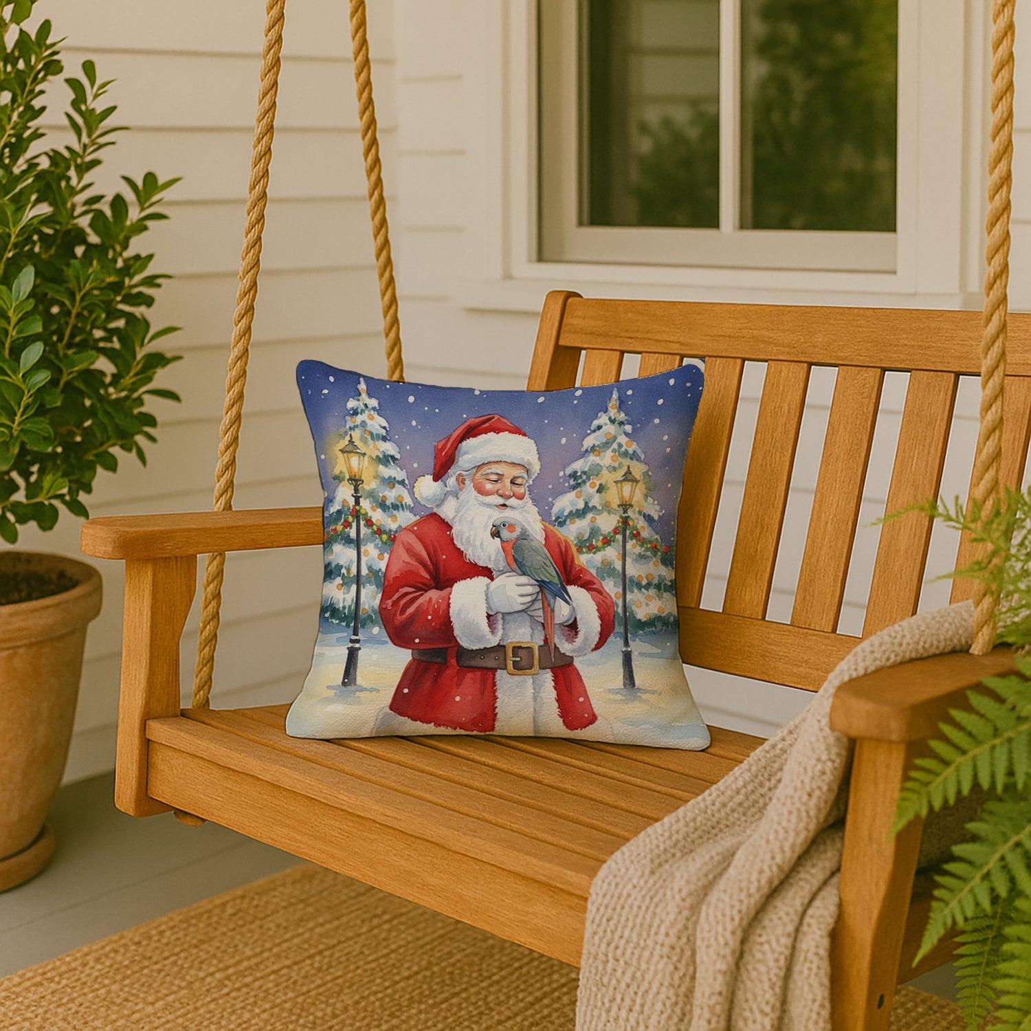 Red Bellied Parrot with Santa Claus Decorative Throw Pillow 18x18 Indoor Outdoor Accent Cushion, Fabric Cover with Insert for Sofa, Bed, Porch & Living Room