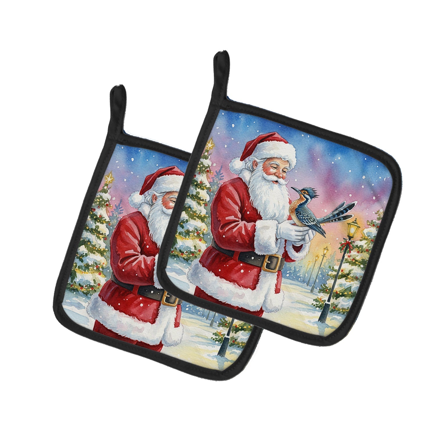 Roadrunner with Santa Claus Pot Holder Set of 2 Heat Resistant Quilted Hot Pads 7.5 x 7.5 Inch, Insulated Kitchen Trivets for Cooking & Baking