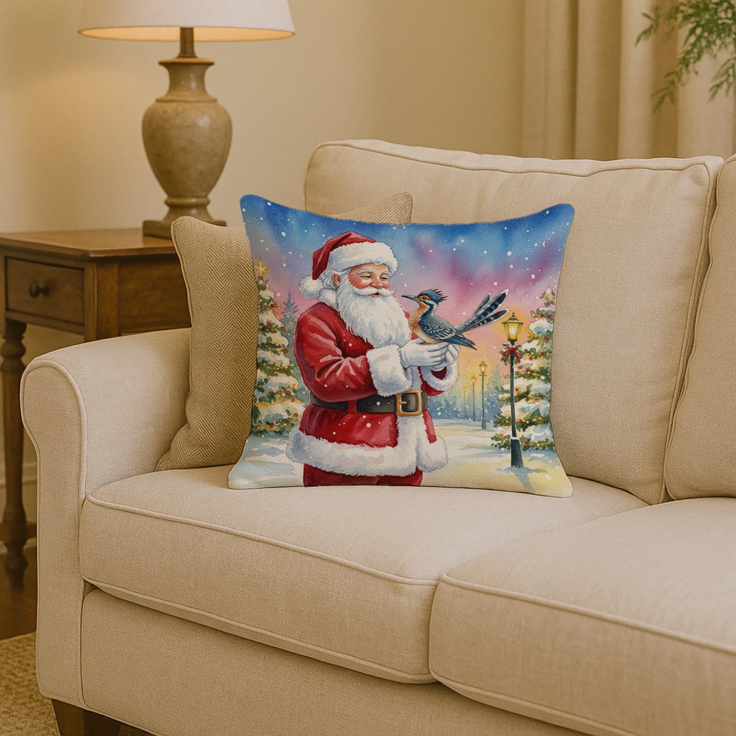 Roadrunner with Santa Claus Decorative Throw Pillow 14x14 Indoor Outdoor Accent Cushion, Fabric Cover with Insert for Sofa, Bed, Porch & Living Room