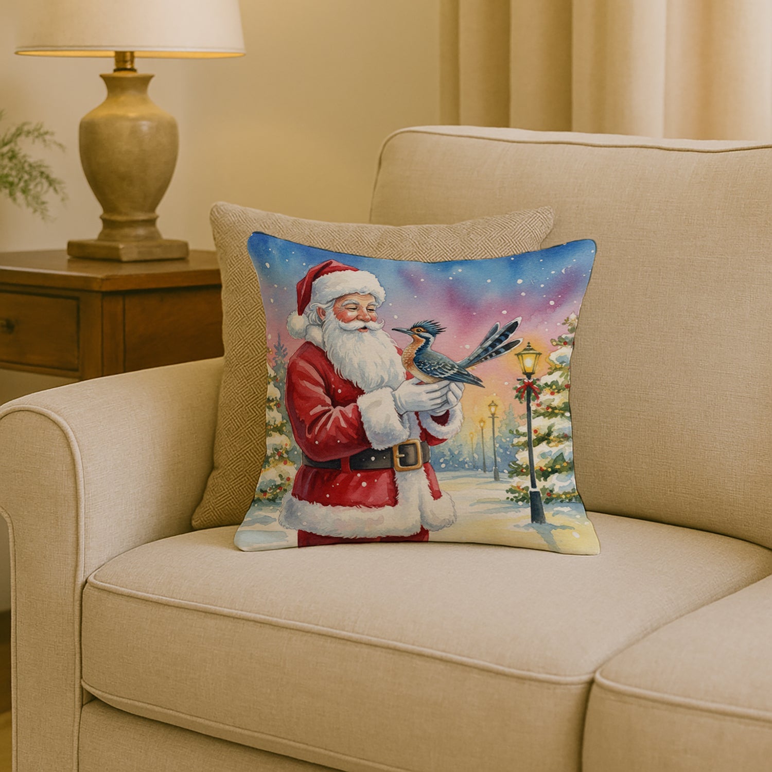 Roadrunner with Santa Claus Decorative Throw Pillow 18x18 Indoor Outdoor Accent Cushion, Fabric Cover with Insert for Sofa, Bed, Porch & Living Room
