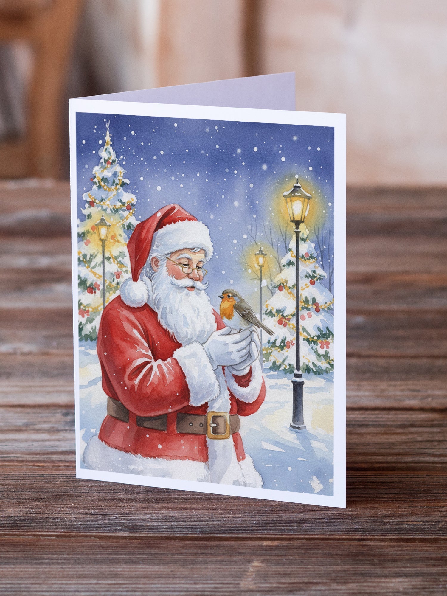 Robin with Santa Claus Greeting Cards Pack of 8 Blank Cards with Envelopes Whimsical A7 Size 5x7