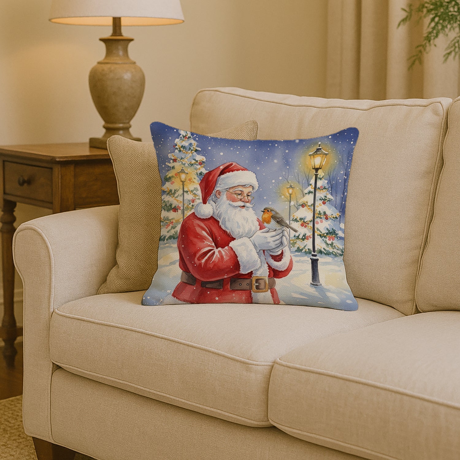Robin with Santa Claus Decorative Throw Pillow 14x14 Indoor Outdoor Accent Cushion, Fabric Cover with Insert for Sofa, Bed, Porch & Living Room