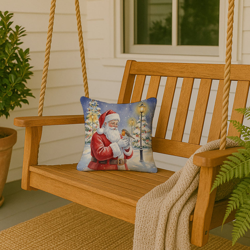 Robin with Santa Claus Decorative Throw Pillow 14x14 Indoor Outdoor Accent Cushion, Fabric Cover with Insert for Sofa, Bed, Porch & Living Room
