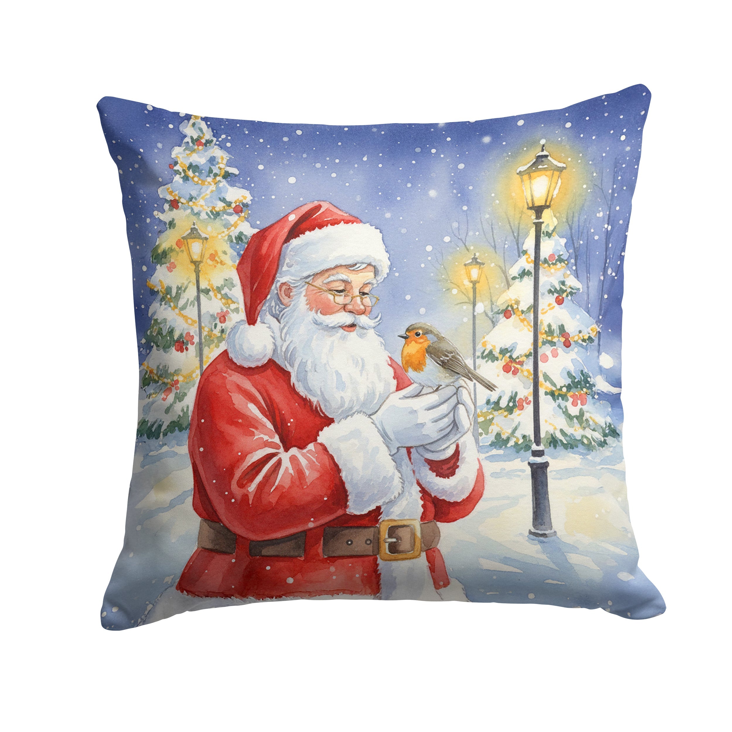 Robin with Santa Claus Decorative Throw Pillow 18x18 Indoor Outdoor Accent Cushion, Fabric Cover with Insert for Sofa, Bed, Porch & Living Room