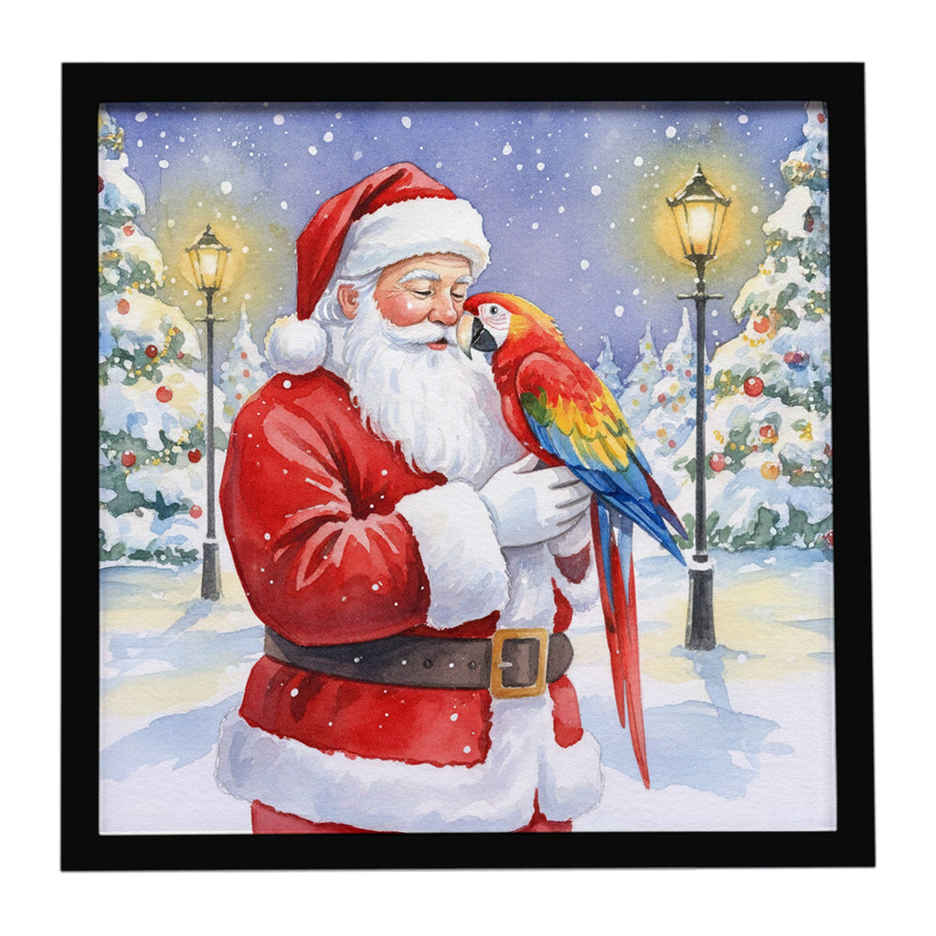 Scarlet Macaw with Santa Claus Framed Metal Print Bathroom, Kitchen, Office, Home Decor Wall Art Ready to Hang, Square, 8X8