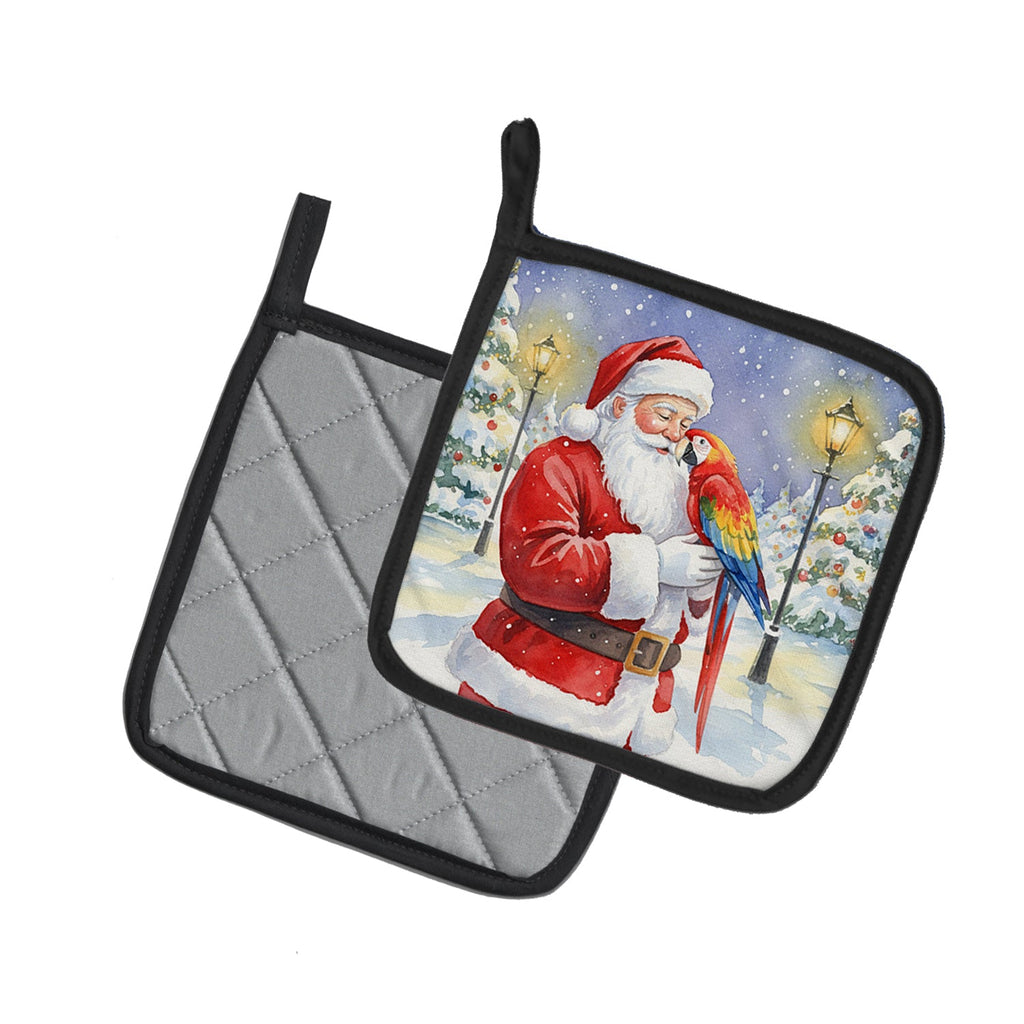 Scarlet Macaw with Santa Claus Pot Holder Set of 2 Heat Resistant Quilted Hot Pads 7.5 x 7.5 Inch, Insulated Kitchen Trivets for Cooking & Baking