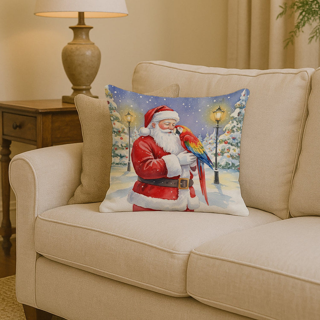 Scarlet Macaw with Santa Claus Decorative Throw Pillow 14x14 Indoor Outdoor Accent Cushion, Fabric Cover with Insert for Sofa, Bed, Porch & Living Room