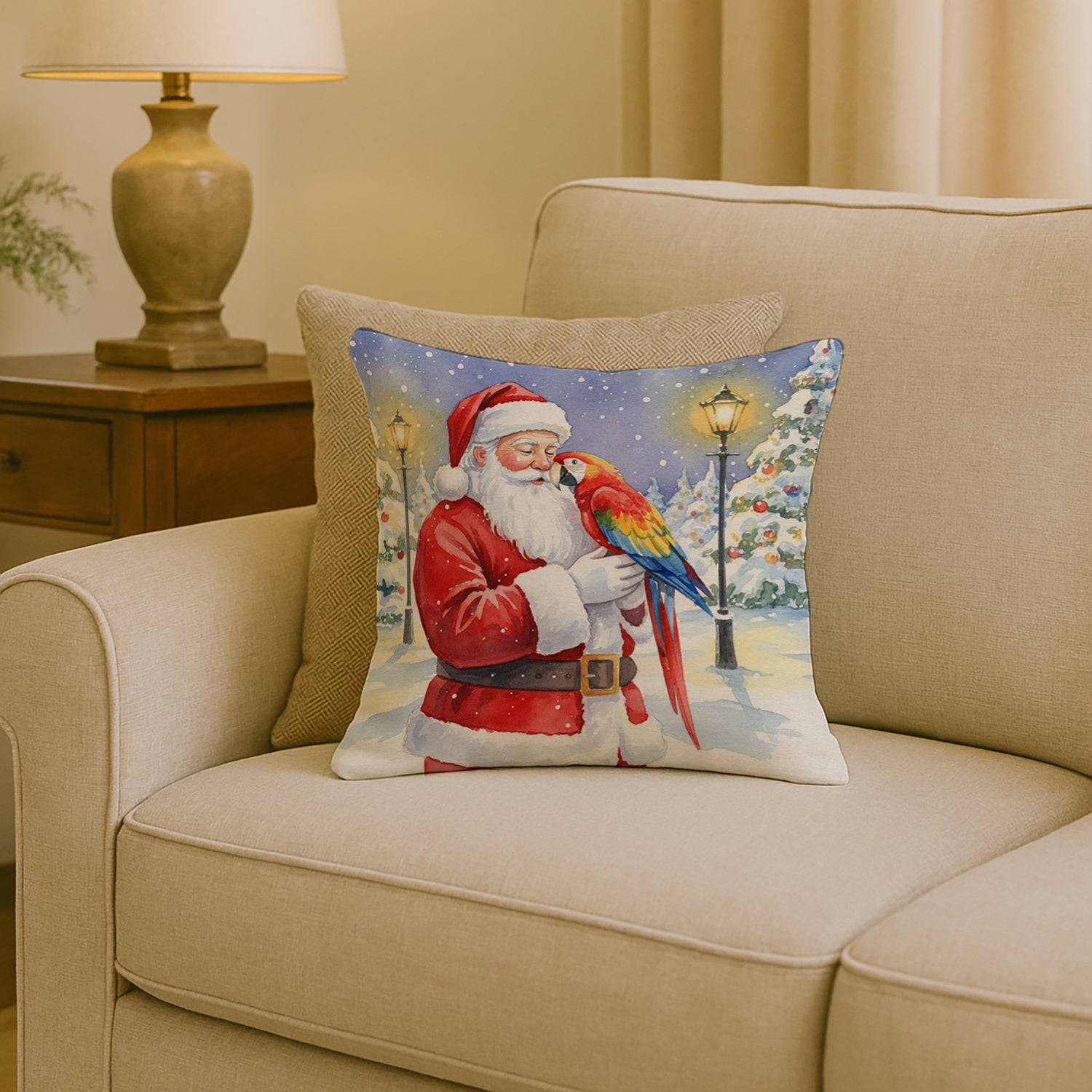 Scarlet Macaw with Santa Claus Decorative Throw Pillow 18x18 Indoor Outdoor Accent Cushion, Fabric Cover with Insert for Sofa, Bed, Porch & Living Room