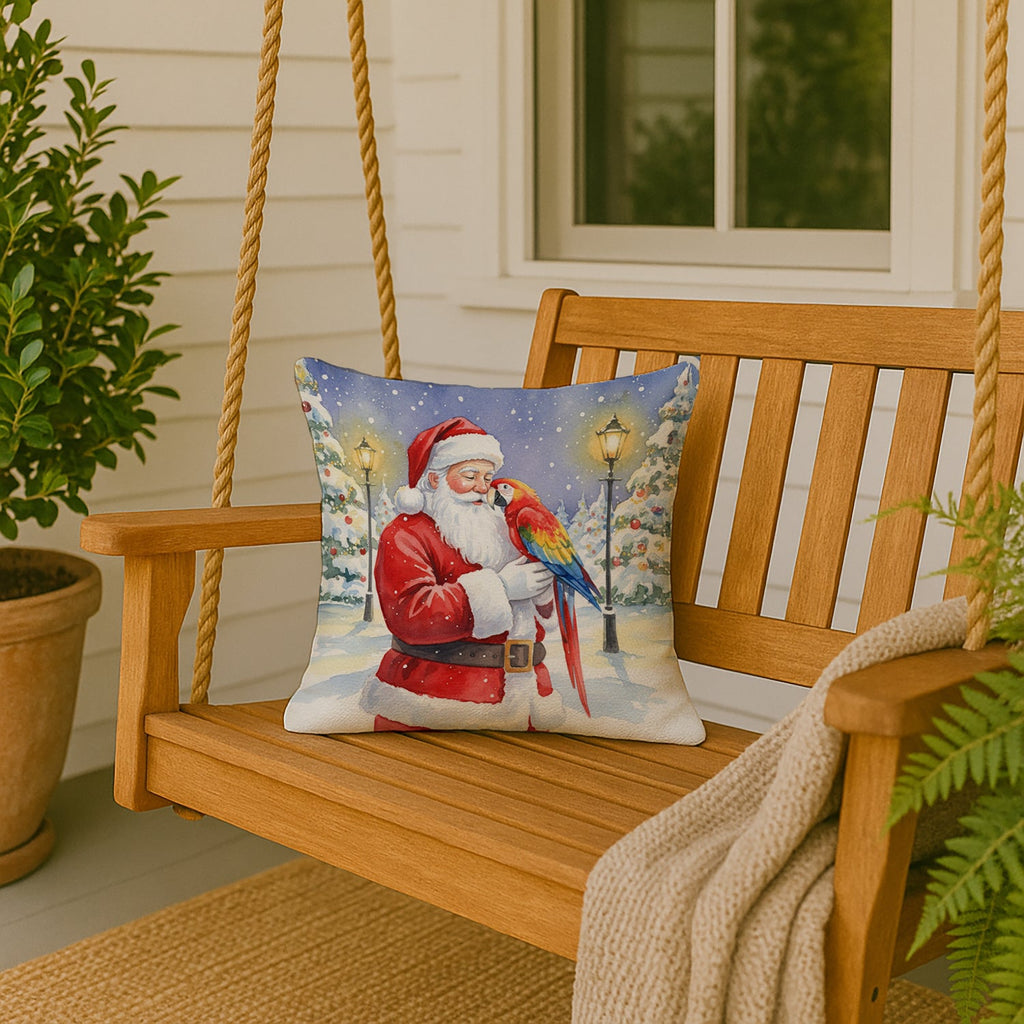 Scarlet Macaw with Santa Claus Decorative Throw Pillow 18x18 Indoor Outdoor Accent Cushion, Fabric Cover with Insert for Sofa, Bed, Porch & Living Room
