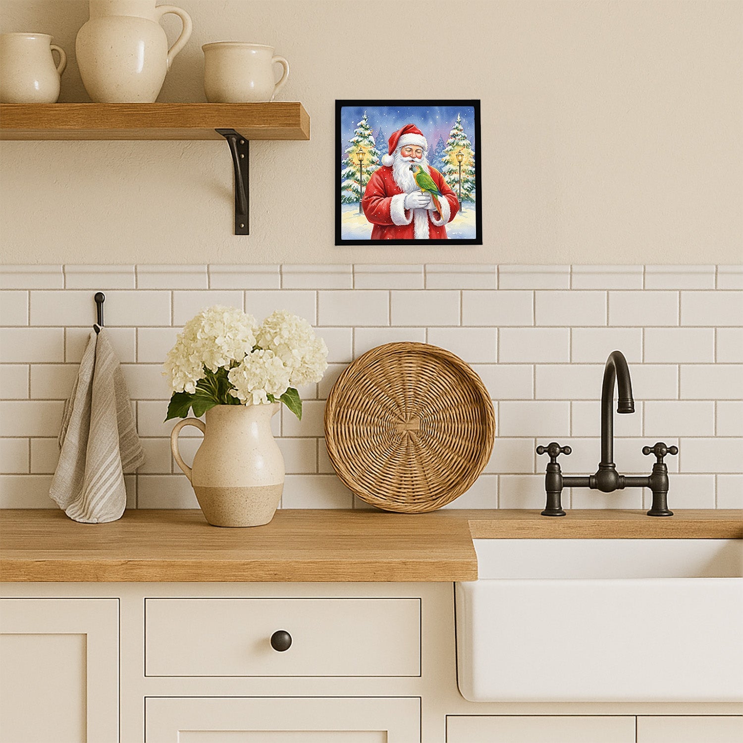 Senegal Parrot with Santa Claus Framed Metal Print Bathroom, Kitchen, Office, Home Decor Wall Art Ready to Hang, Square, 8X8