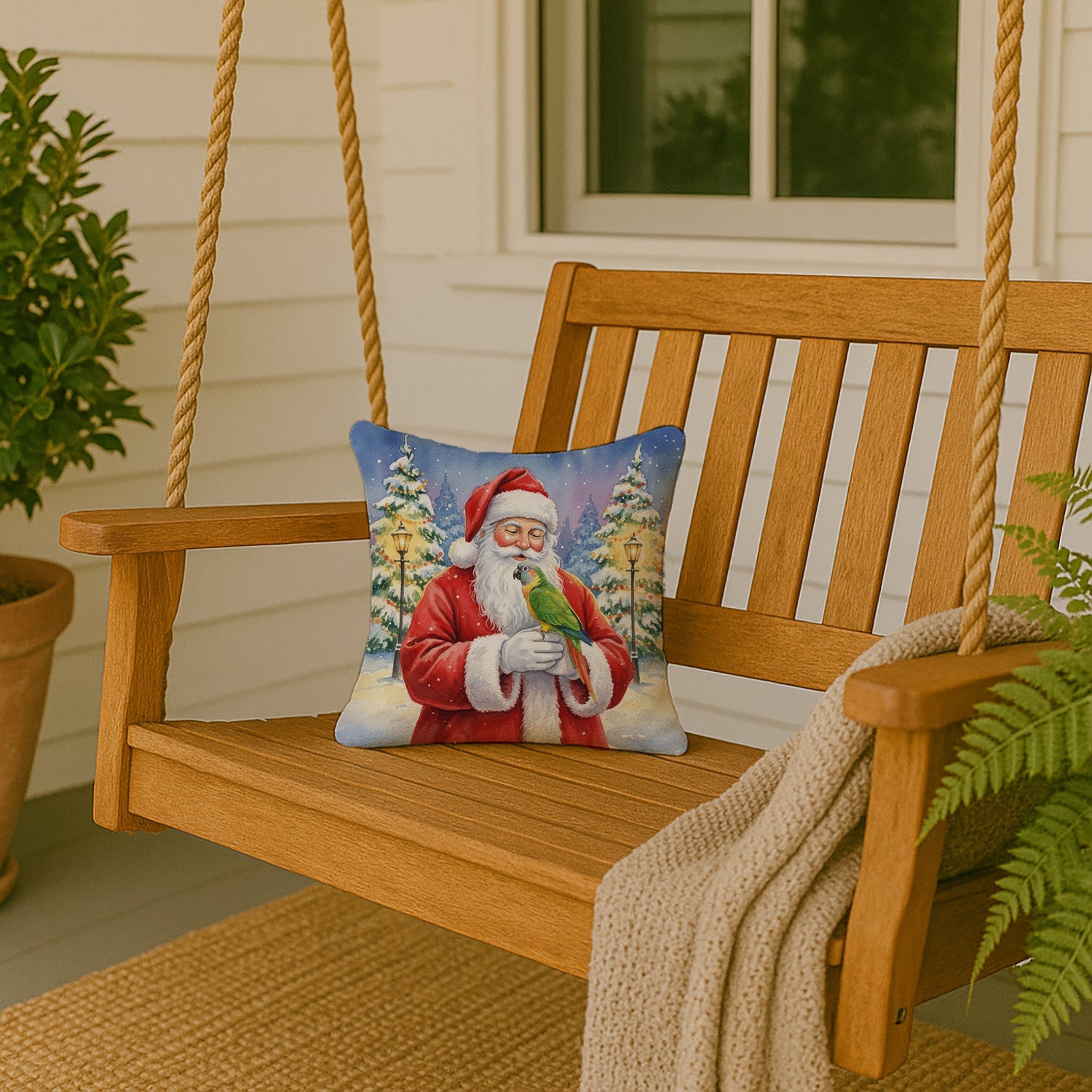Senegal Parrot with Santa Claus Decorative Throw Pillow 14x14 Indoor Outdoor Accent Cushion, Fabric Cover with Insert for Sofa, Bed, Porch & Living Room